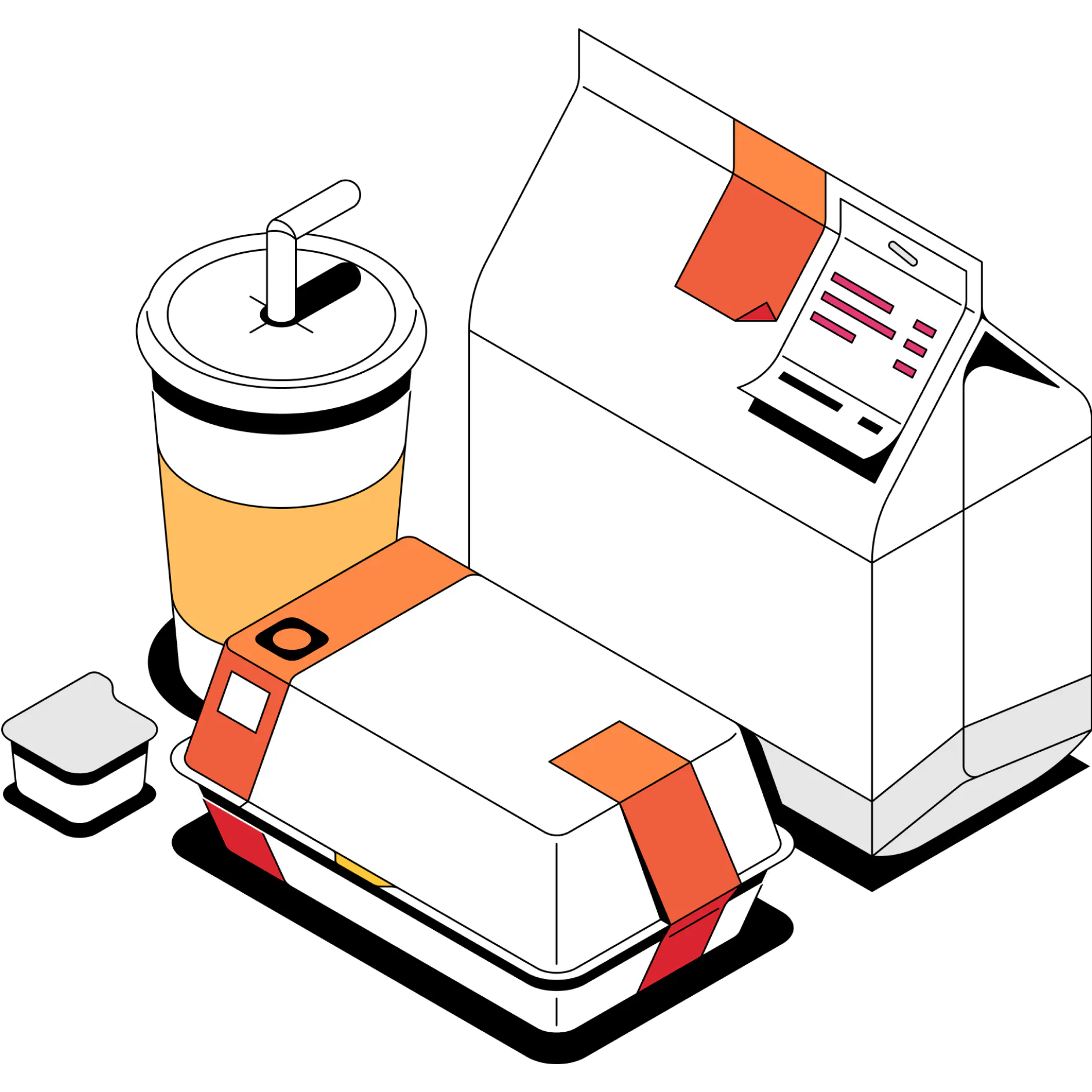 illustration of a take out bag, take out box, soft drink cup, and condiment package