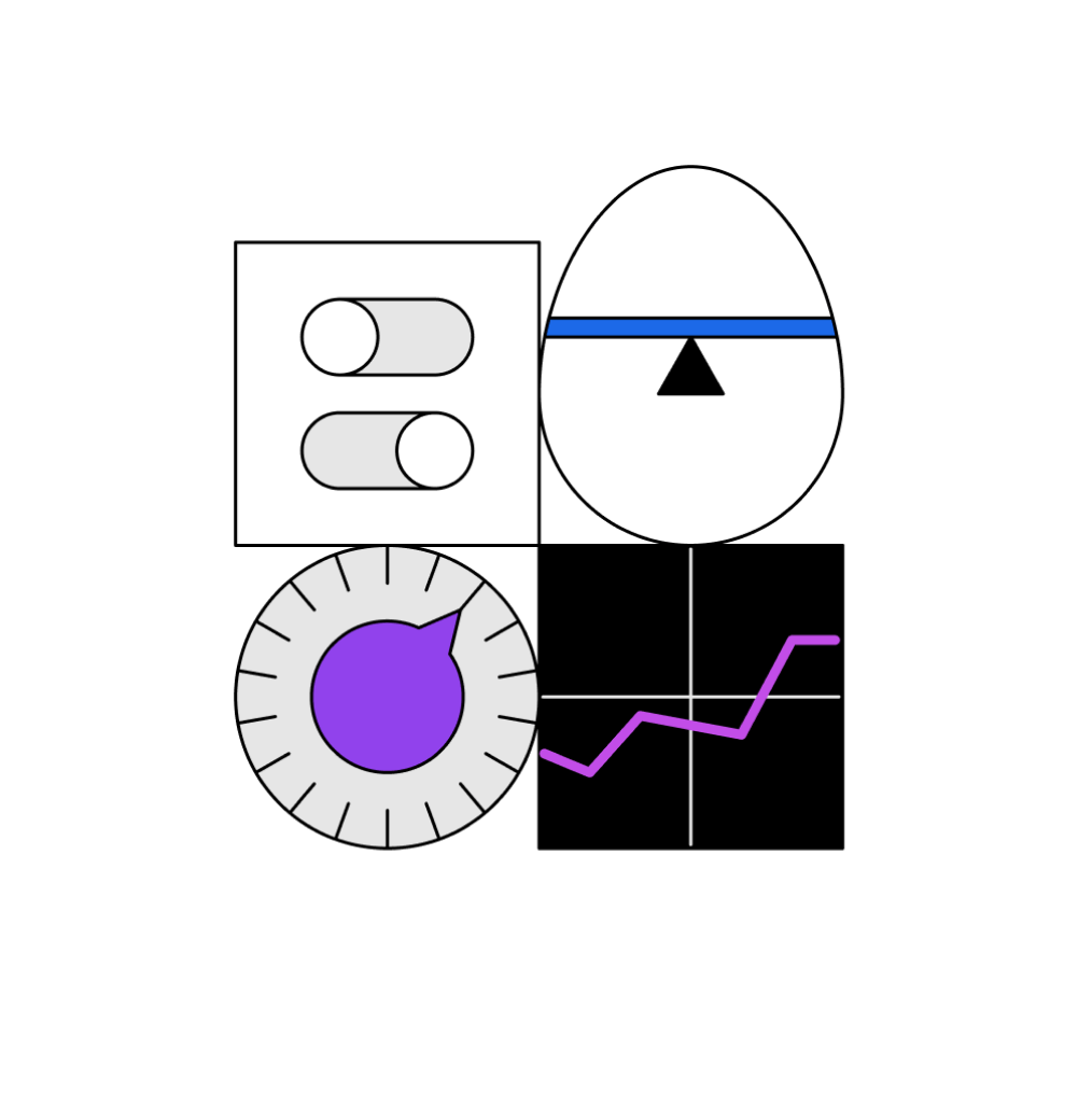 Abstract illustrations of toggle, graphs and dials with purple accent colors
