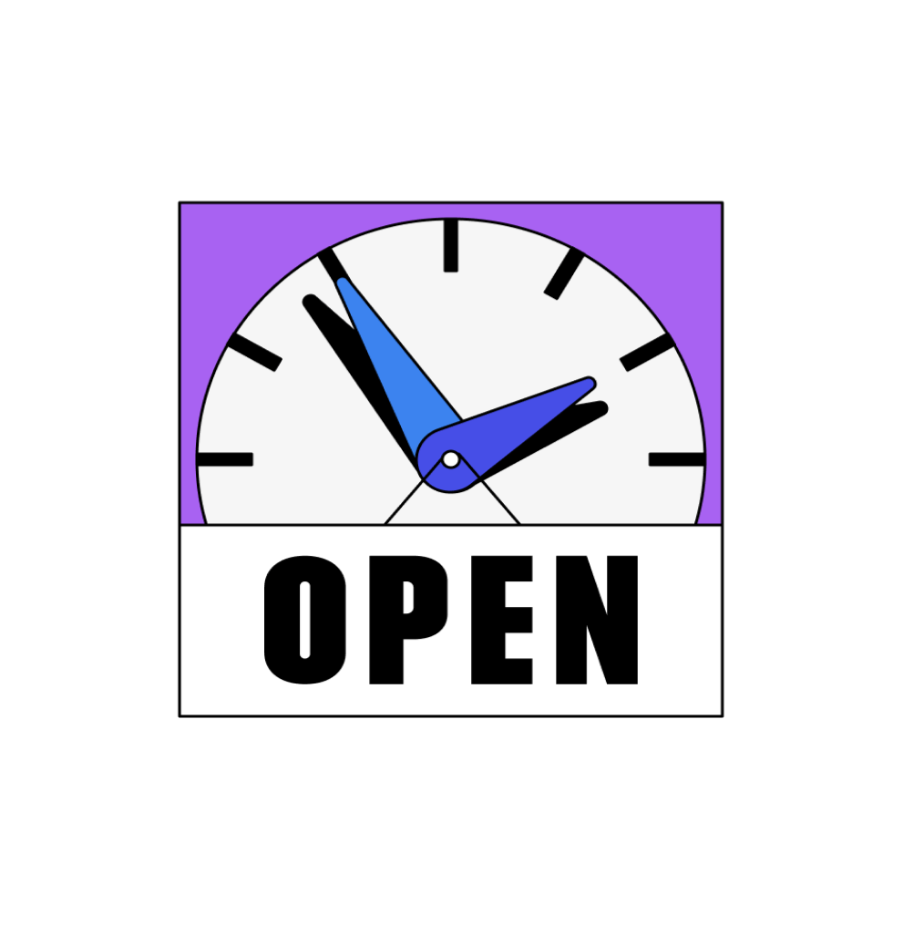 A purple, white, and black open sign