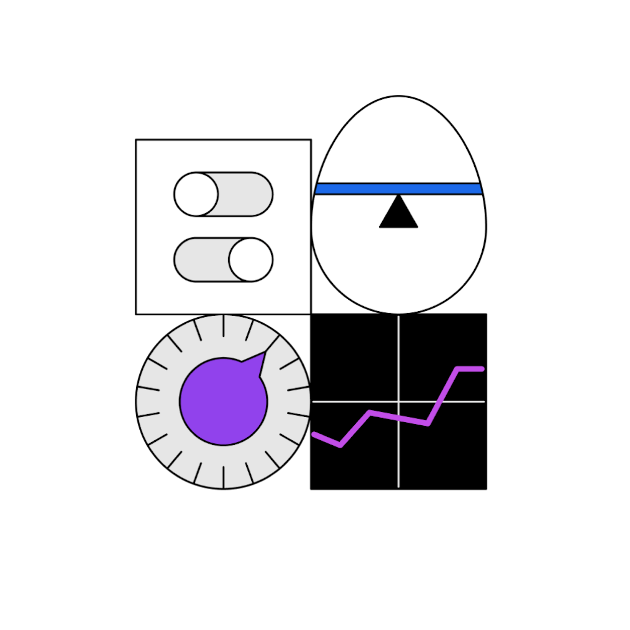 Illustrations abstraites de bascules, de graphiques et de cadrans avec des couleurs violettes.