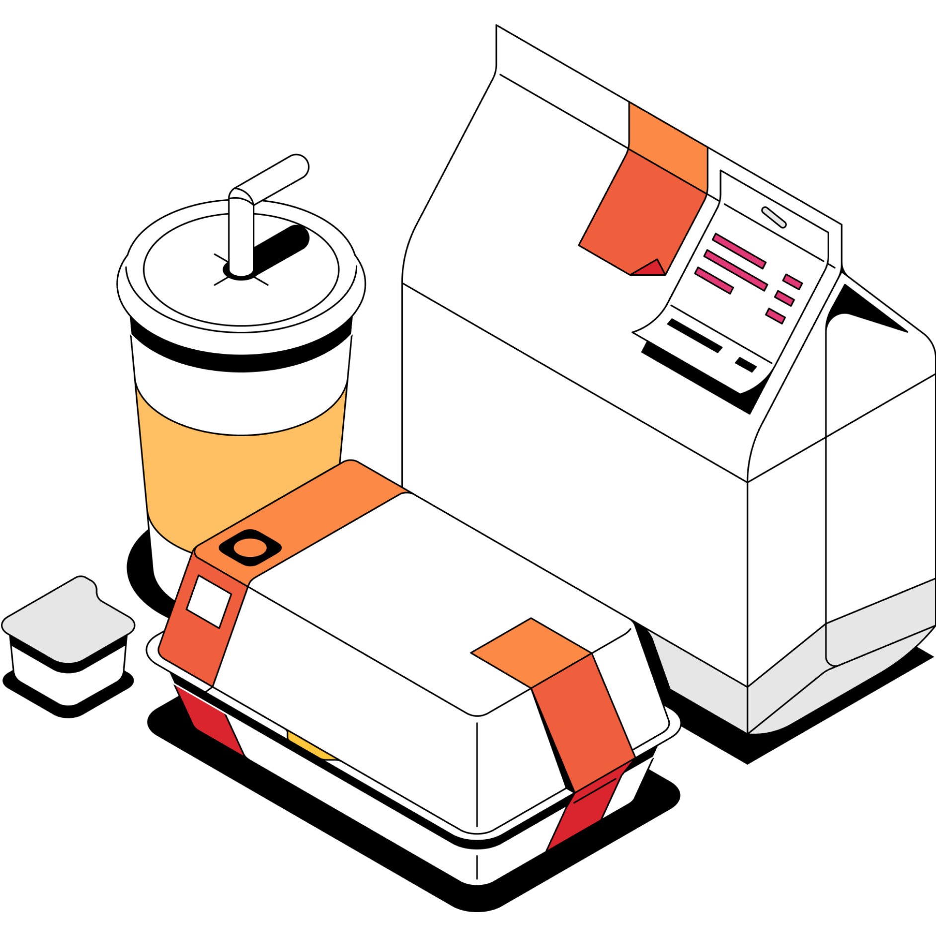 illustration d'un sac à emporter, d'une boîte à emporter, d'un gobelet de boisson non alcoolisée et d'un emballage de condiments 