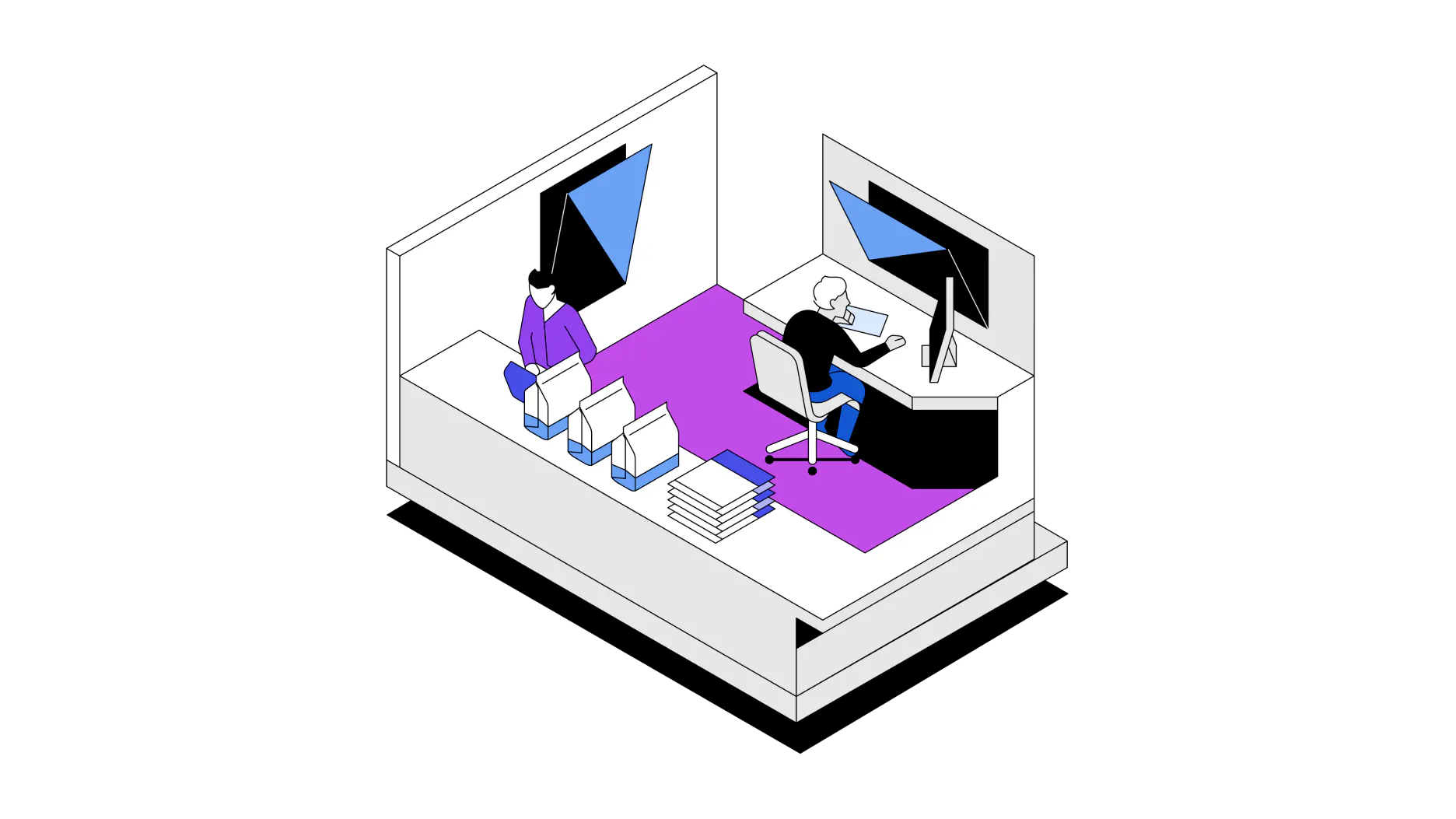 Illustration of a person standing at a counter stacked with takeout bags and menus while another person sits at a desk using a desktop computer