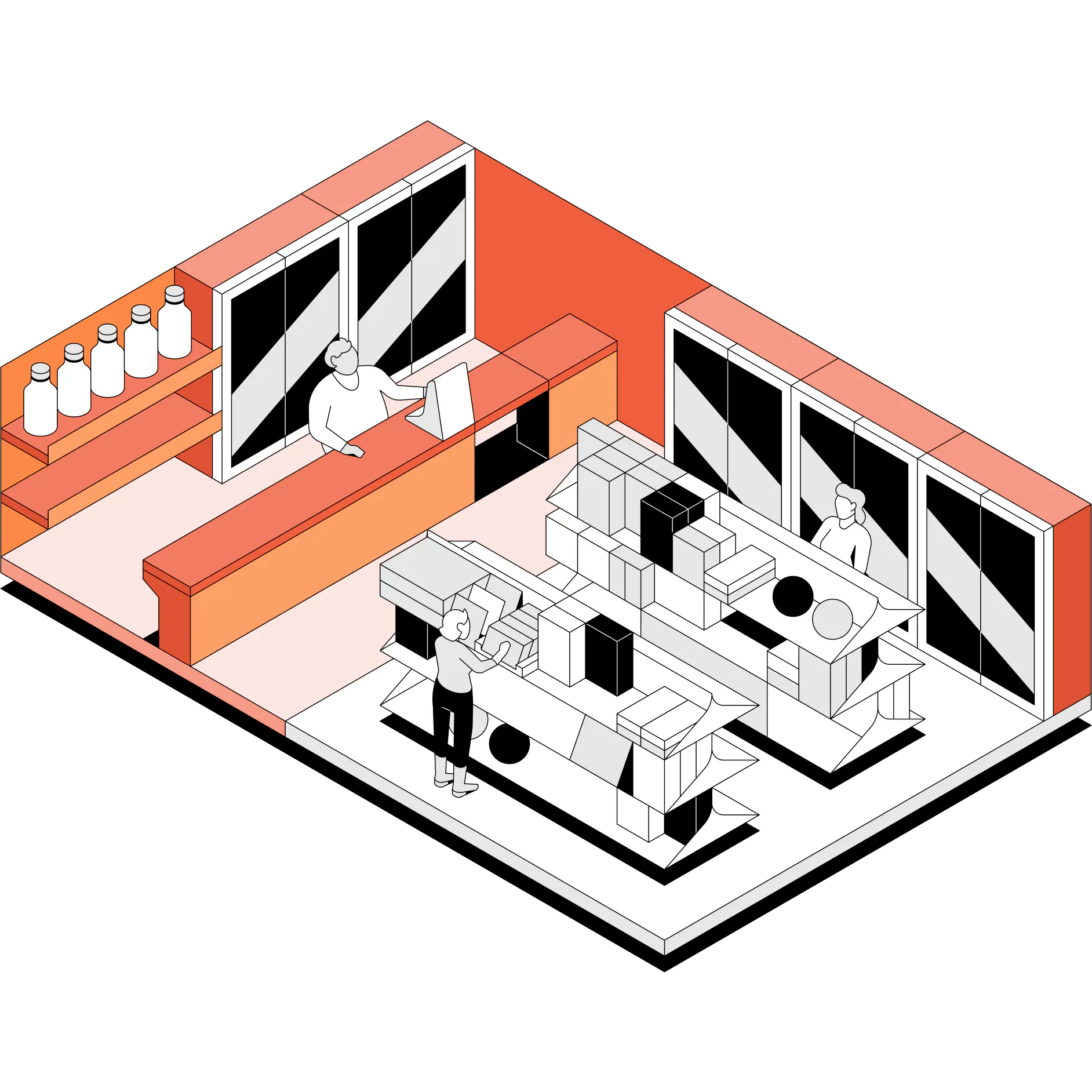 Illustrated grocery store with orange highlights