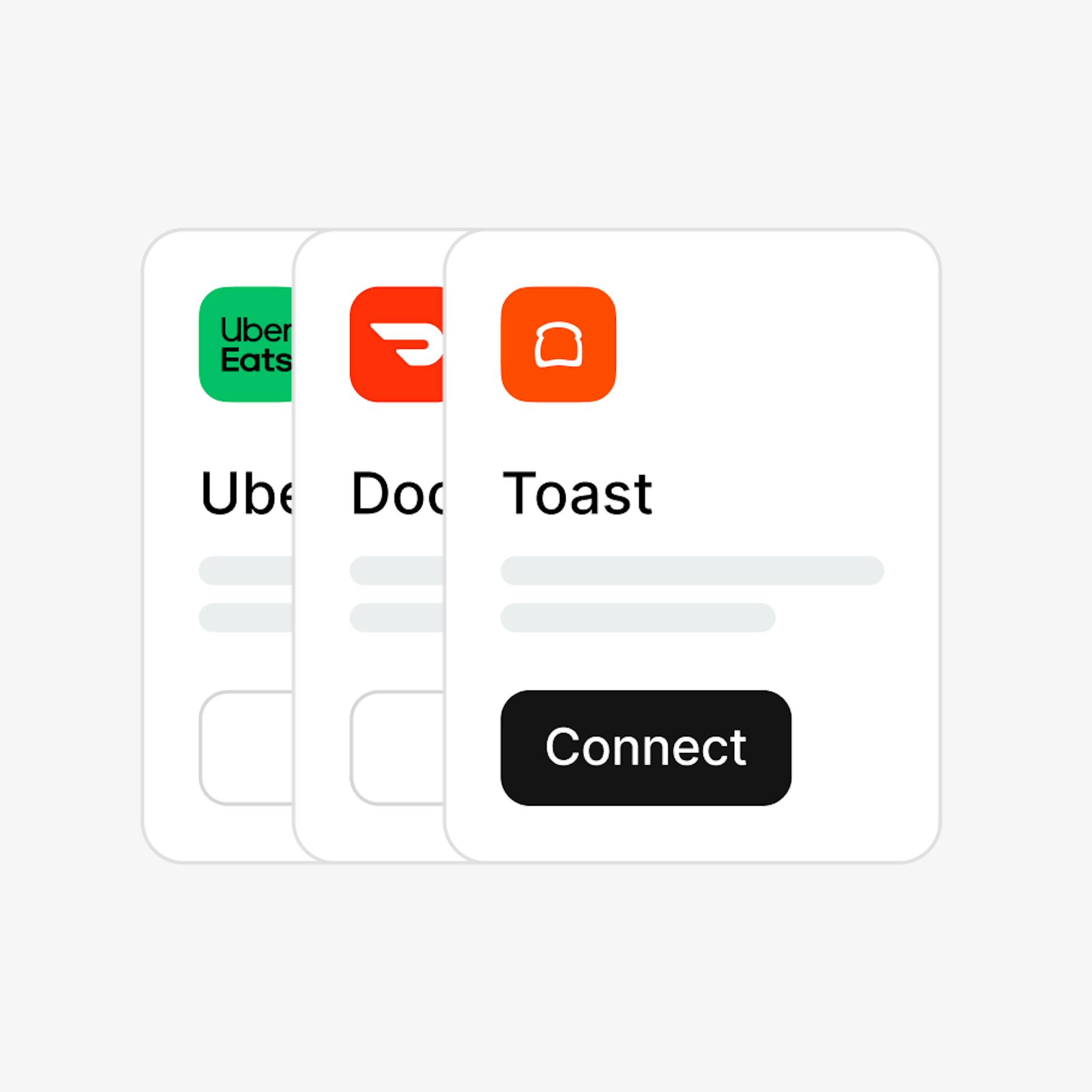 Staggered squares showing various third-party delivery apps with different colored logos