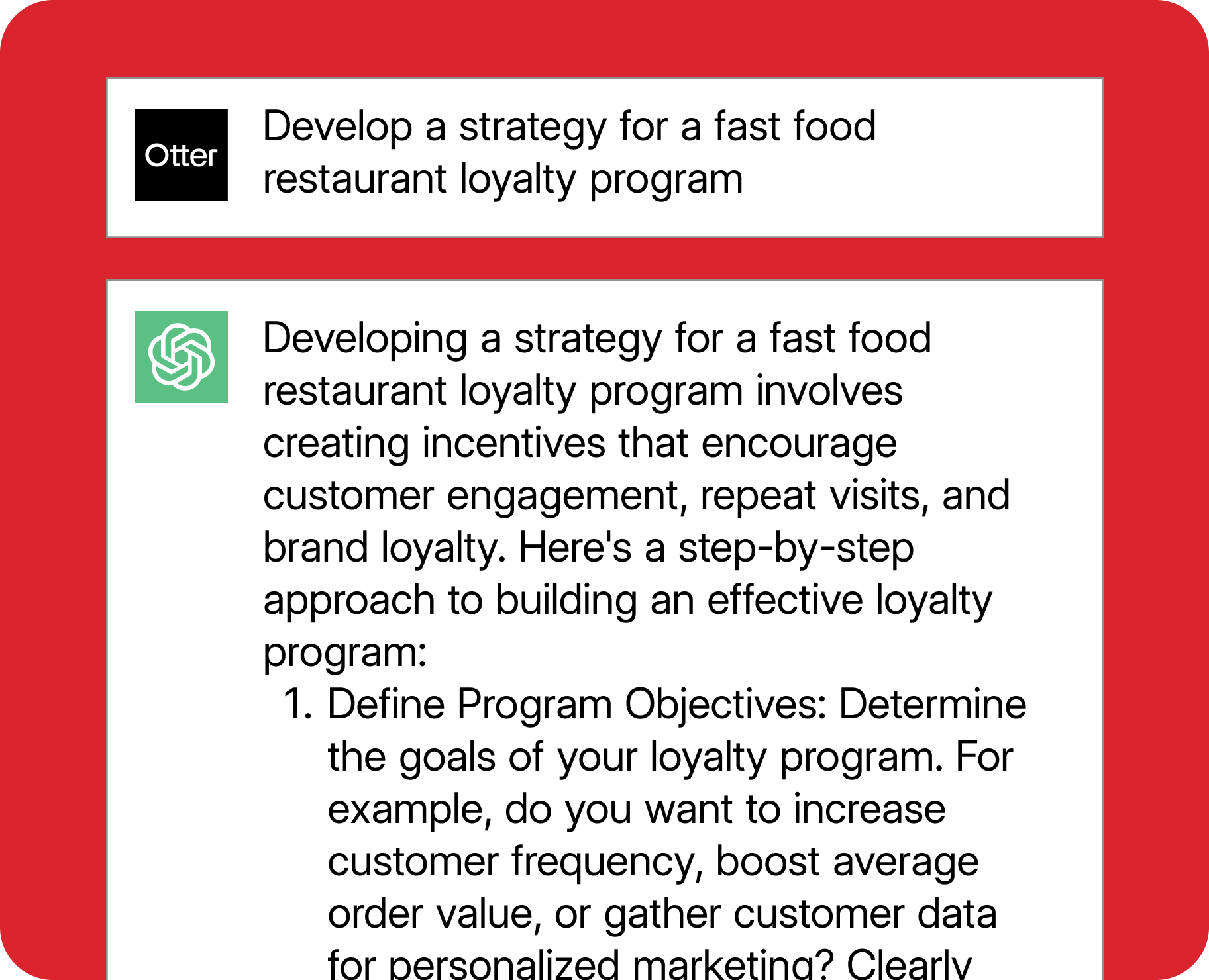 An example ChatGPT prompt for restaurant promotion ideas.