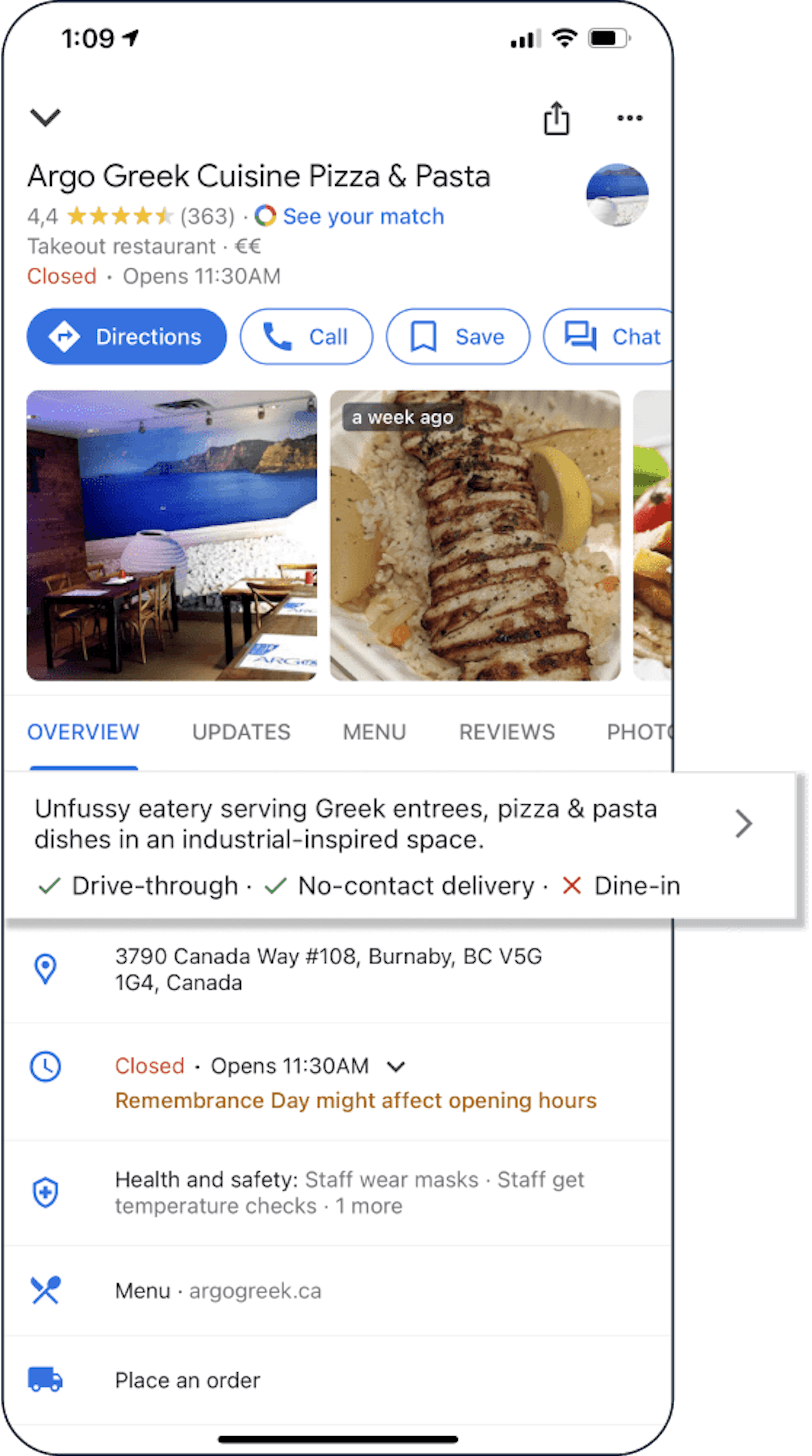 Image of a restaurant's Google Business profile description