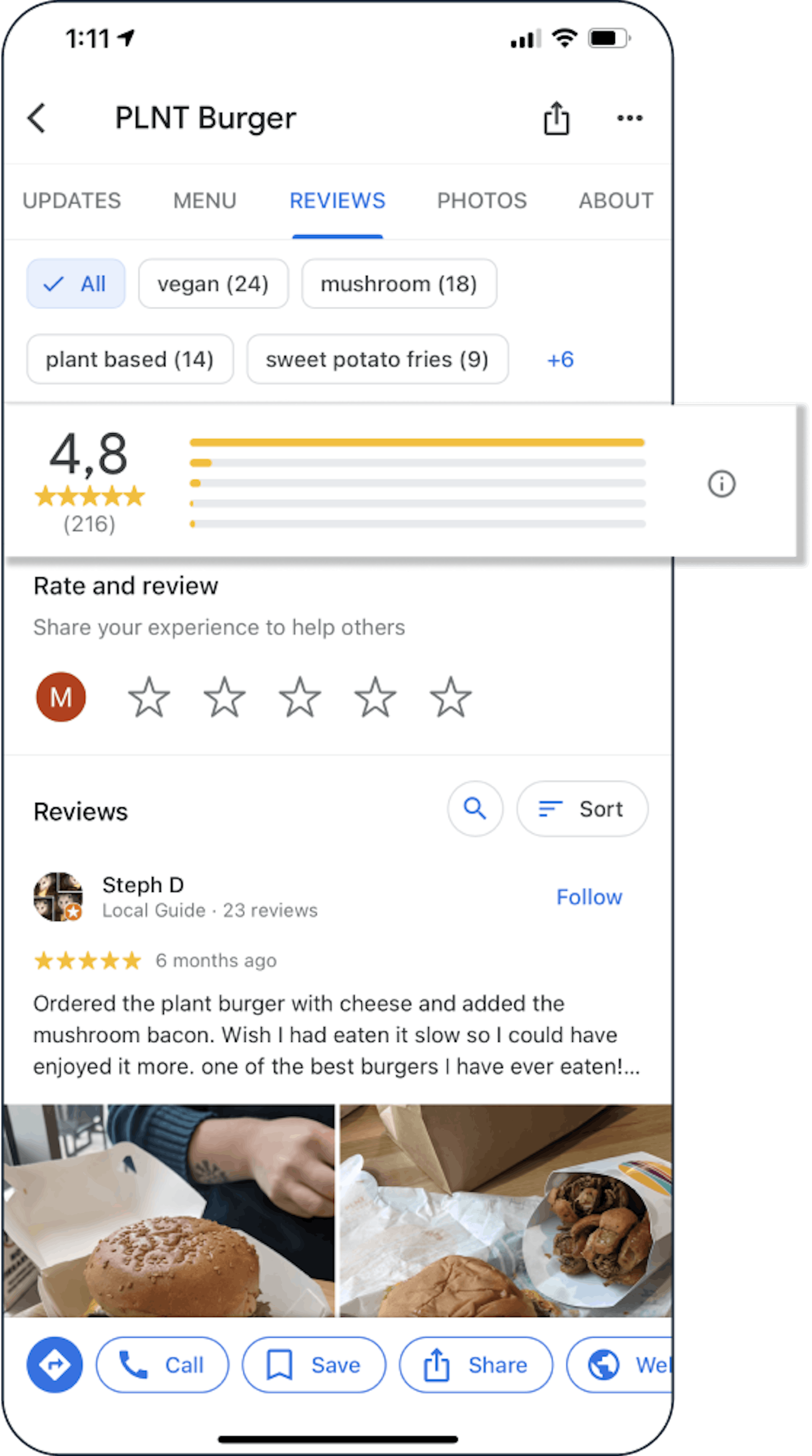 Image of a restaurant's rating on its Google Business profile