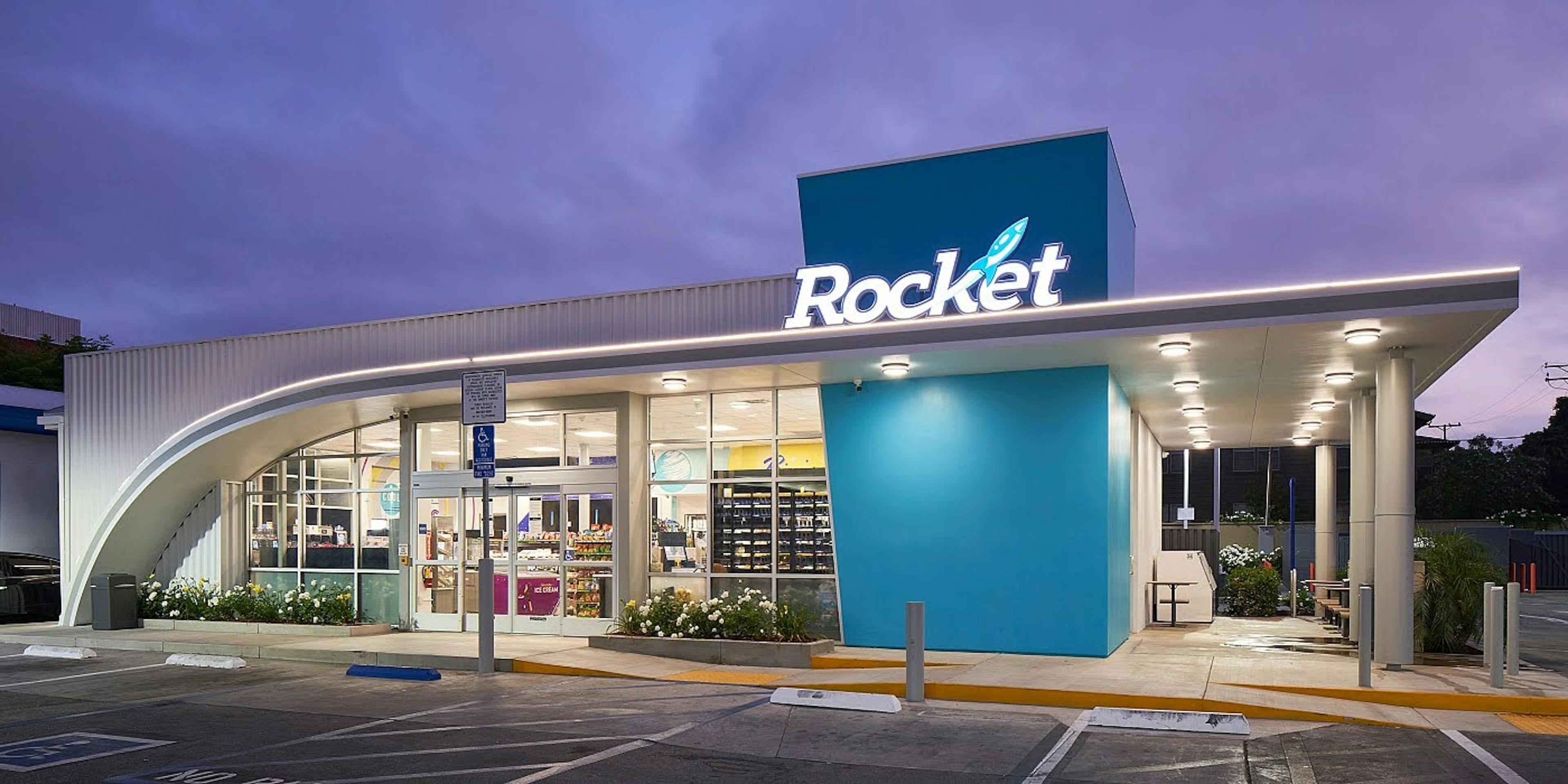 A Rocket gas station's exterior. 