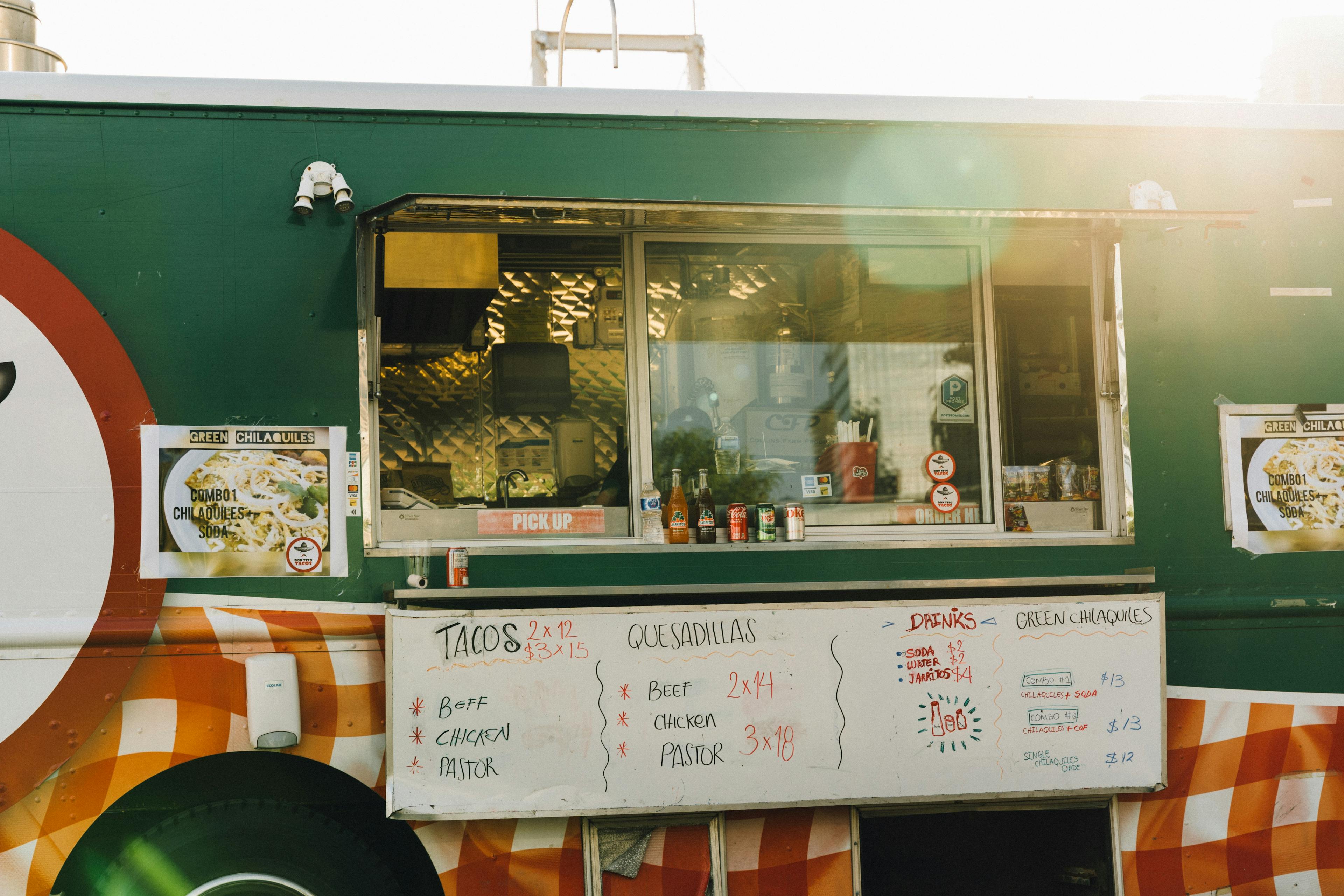 Front-on view of a taco food truck. 