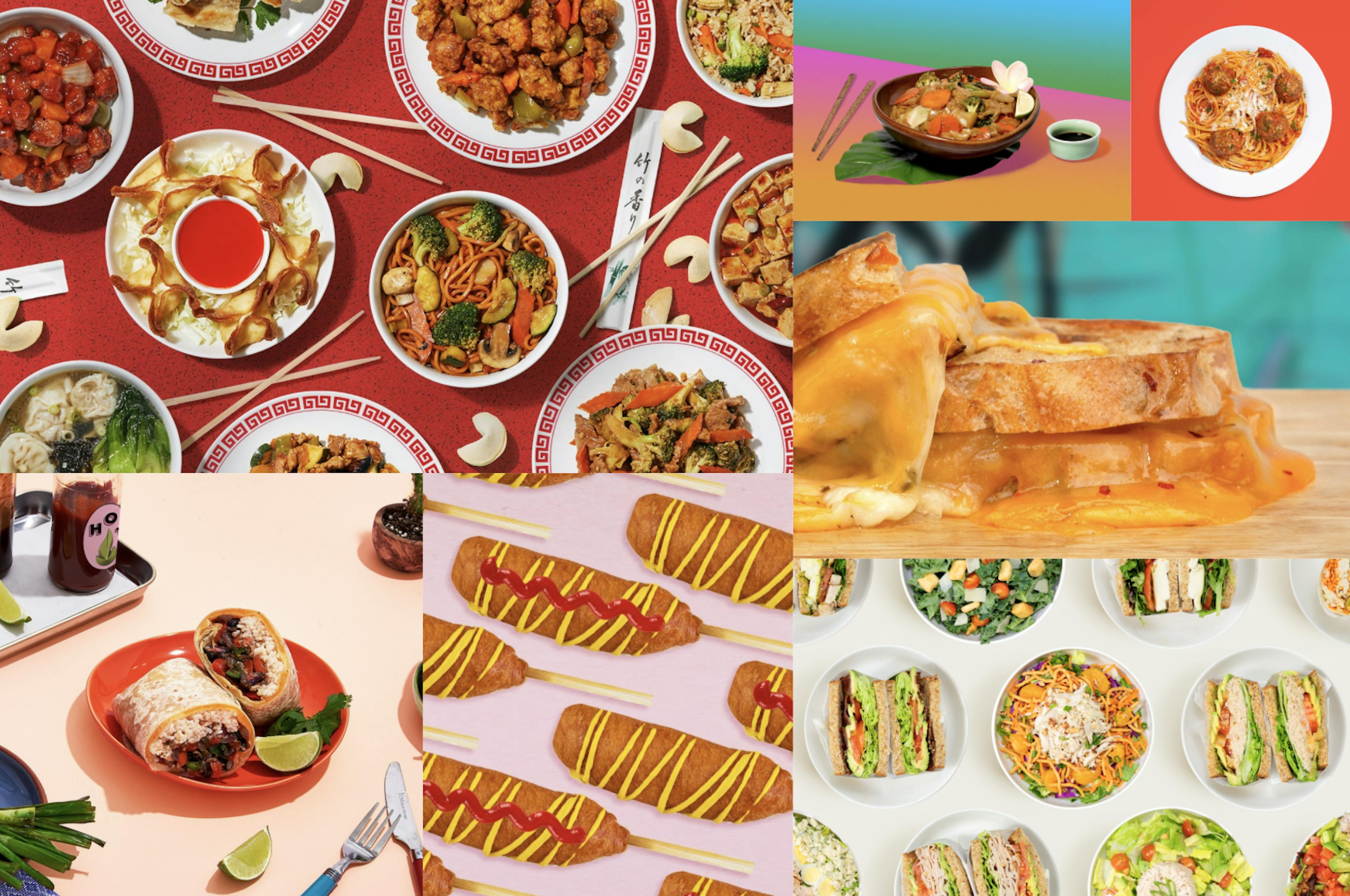 Collage of images of virtual brands including a Chinese food brand, a sandwich brand, a grilled cheese brand, an italian brand, a burrito brand, a hot dog brand and more