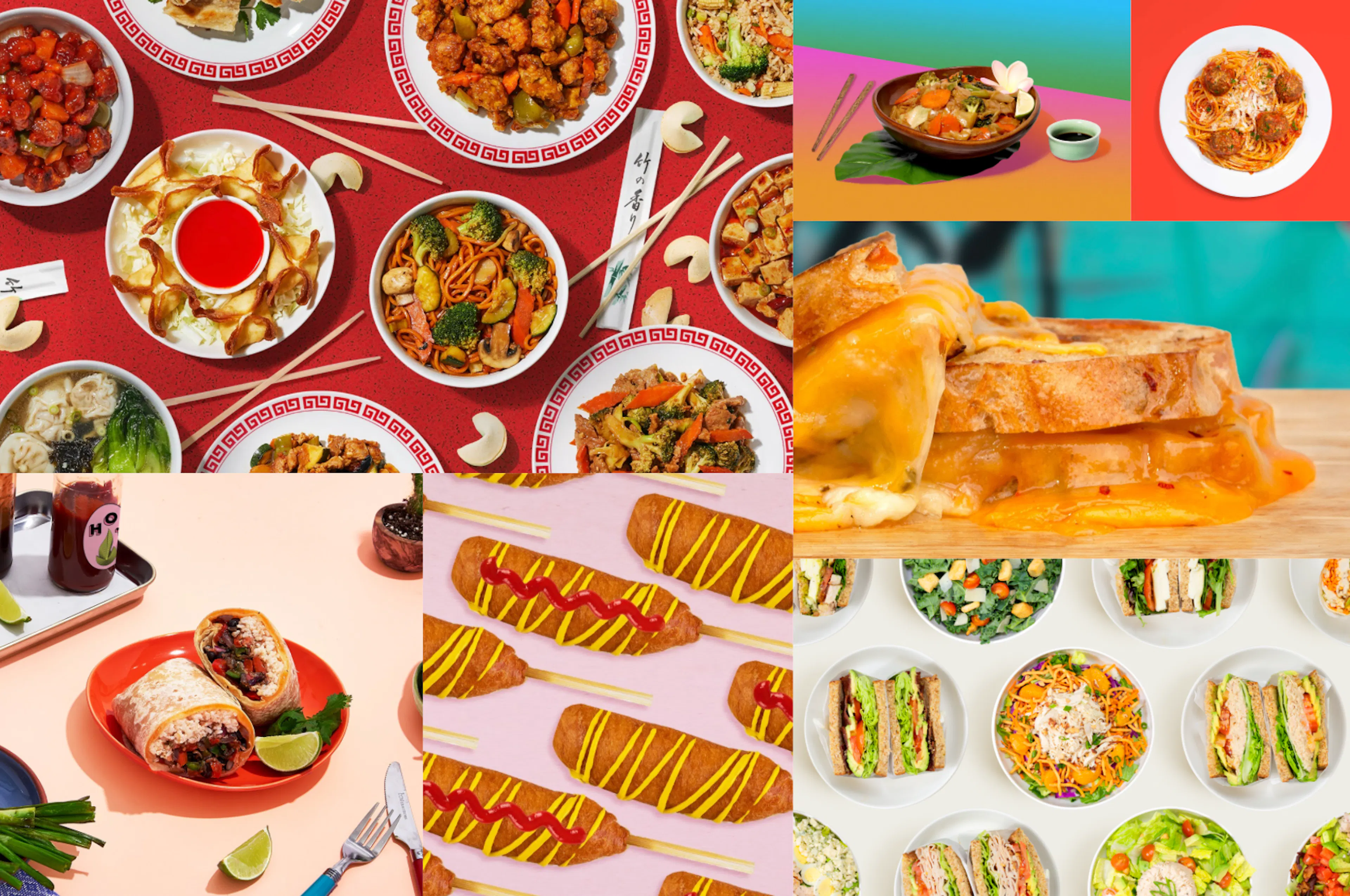 Collage of images of virtual brands including a Chinese food brand, a sandwich brand, a grilled cheese brand, an italian brand, a burrito brand, a hot dog brand and more