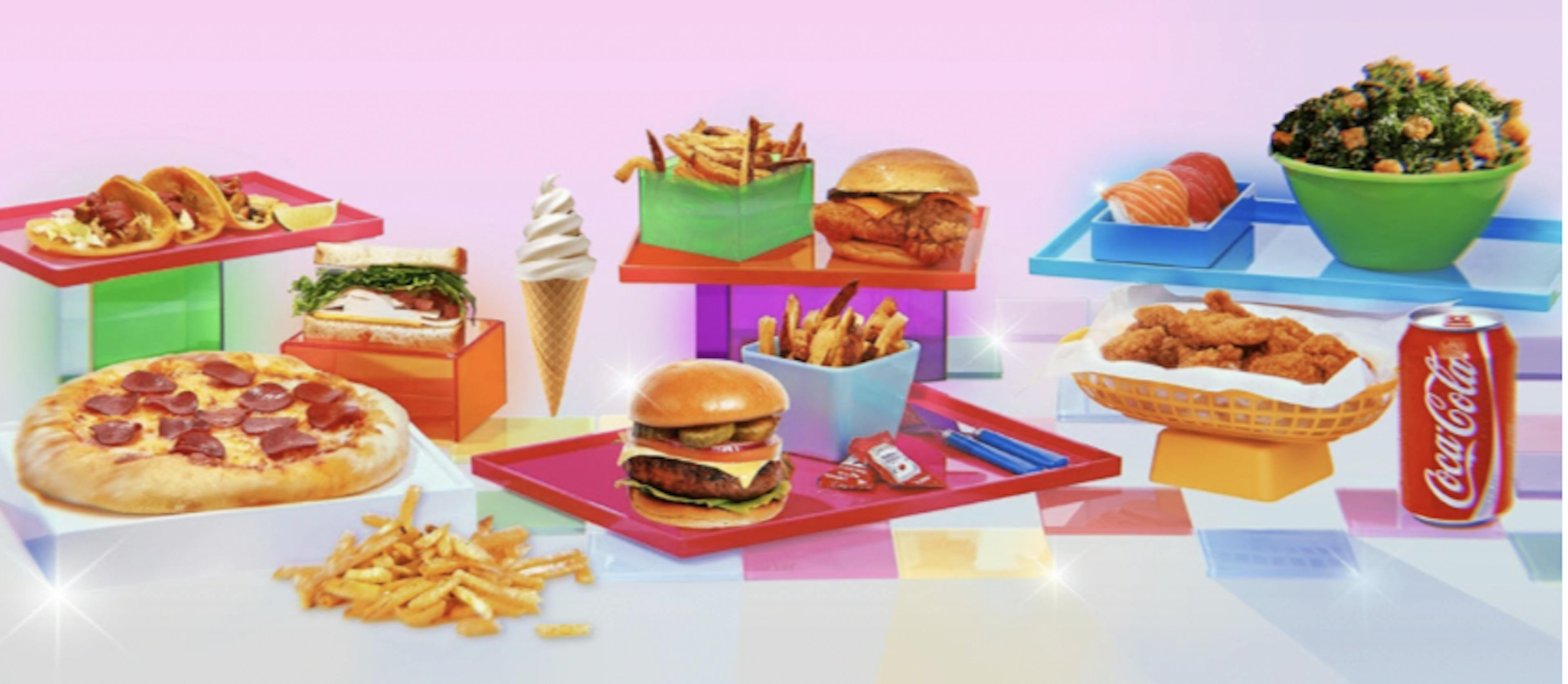 Image of an American food virtual brand with pizza, burgers, french fries, a salad, chicken wings and more