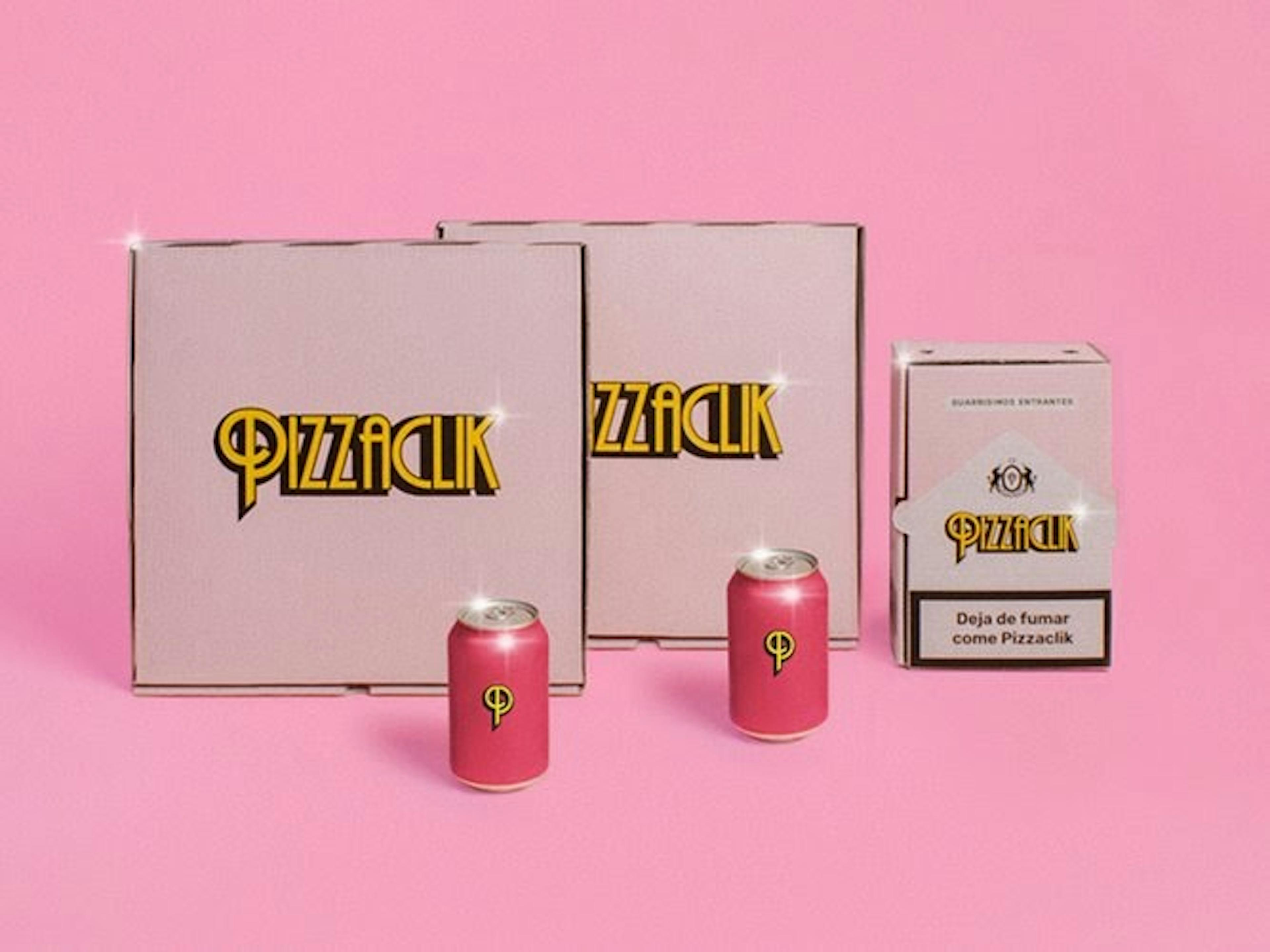 Image of branded packaging from Pizzaclik including pink pizza boxes and pink soda cans