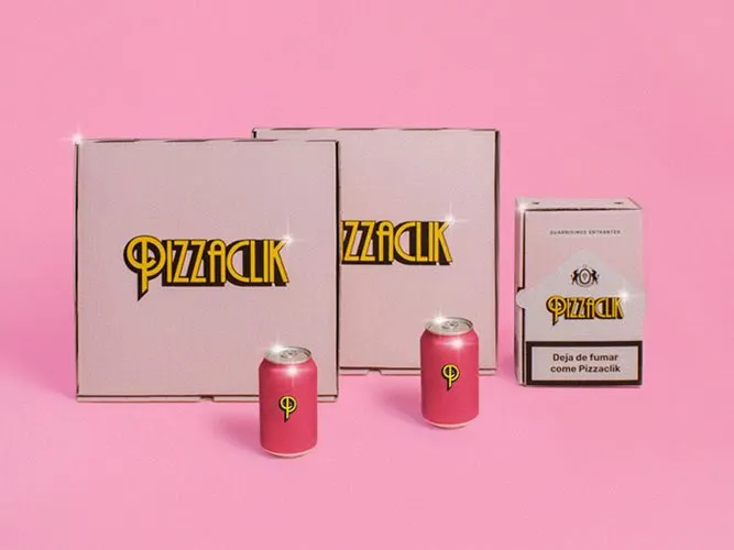 Image of branded packaging from Pizzaclik including pink pizza boxes and pink soda cans