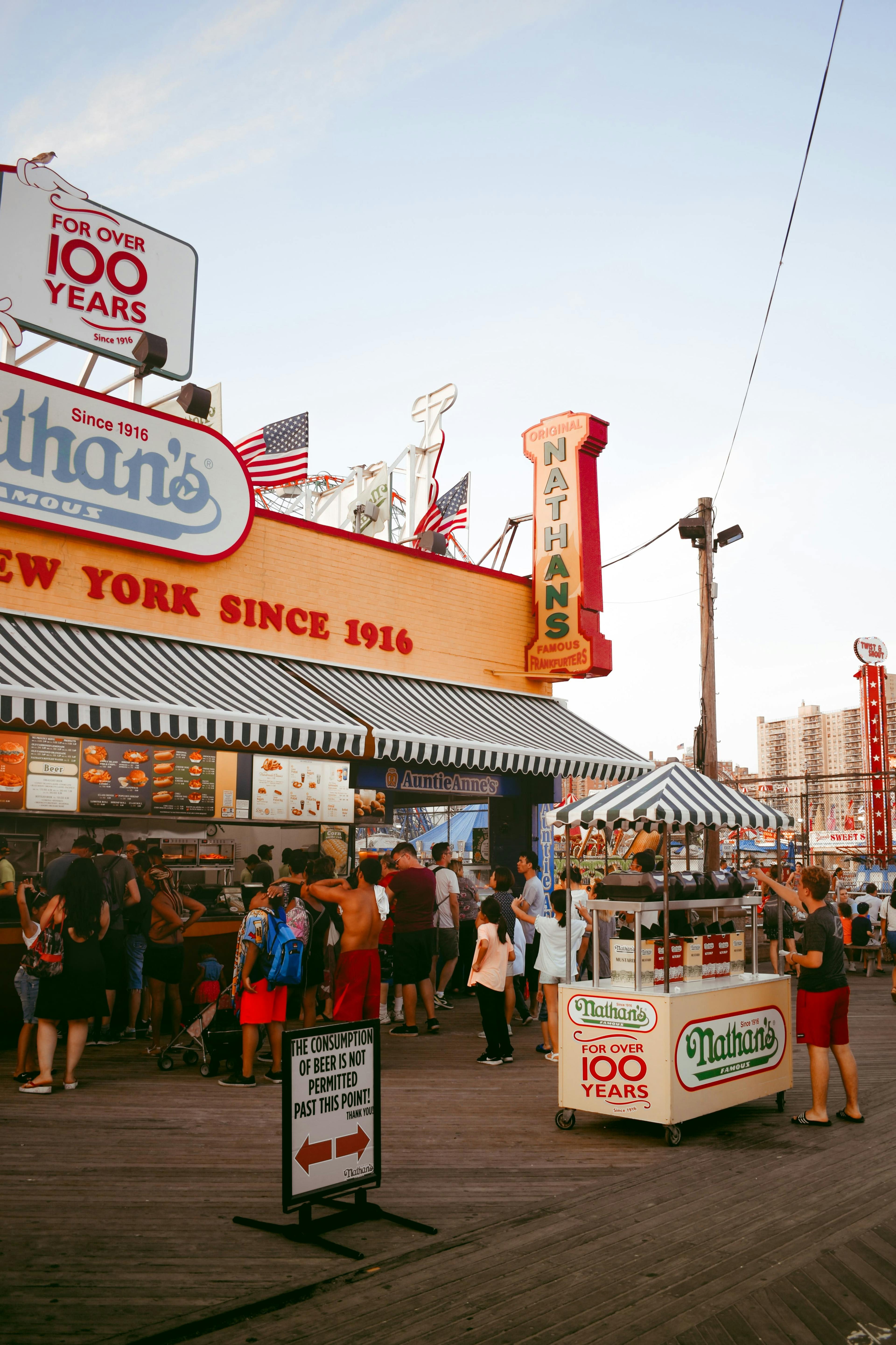 Image of Nathan's Hot Dogs on a summer day