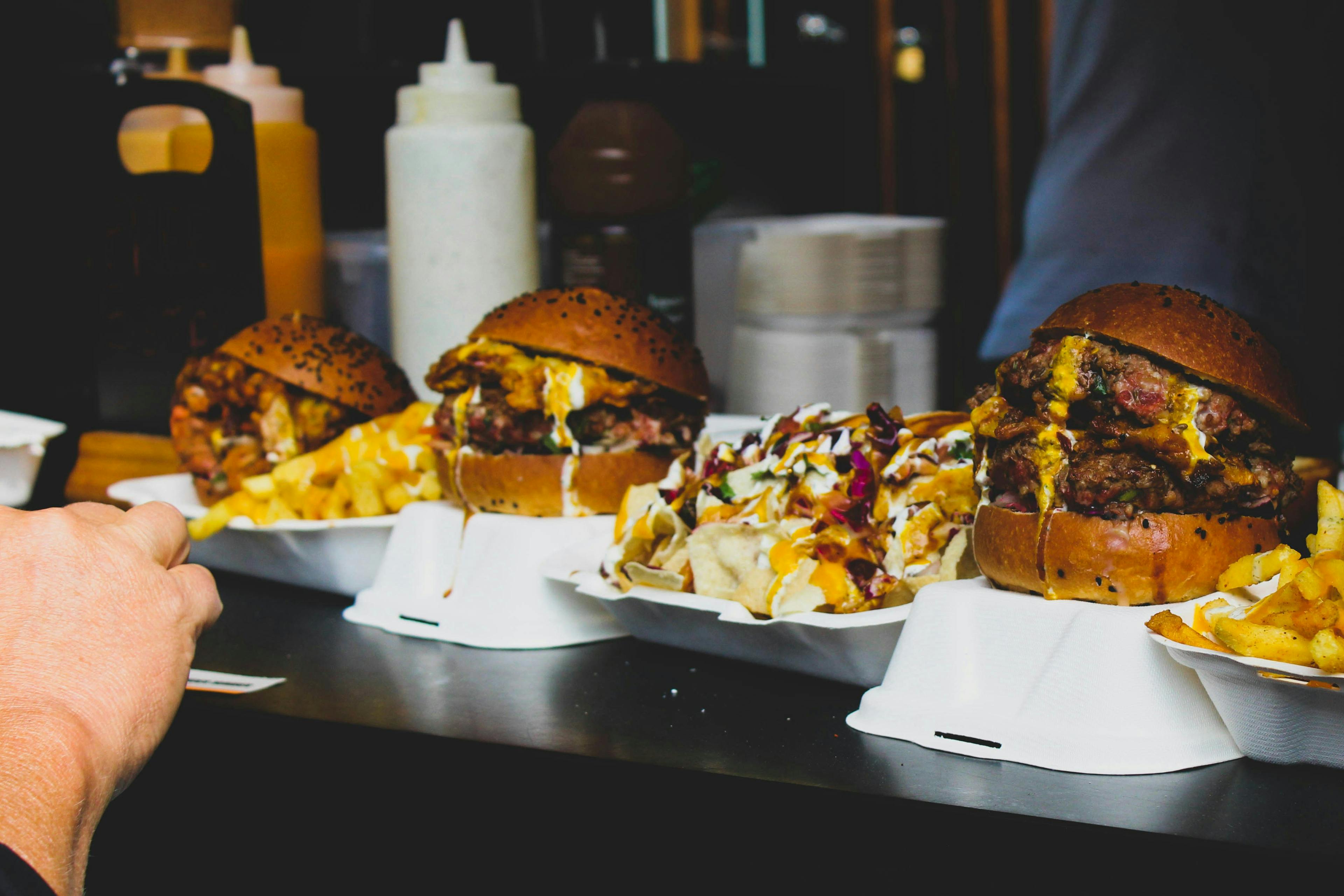 Some burgers from a food truck. 