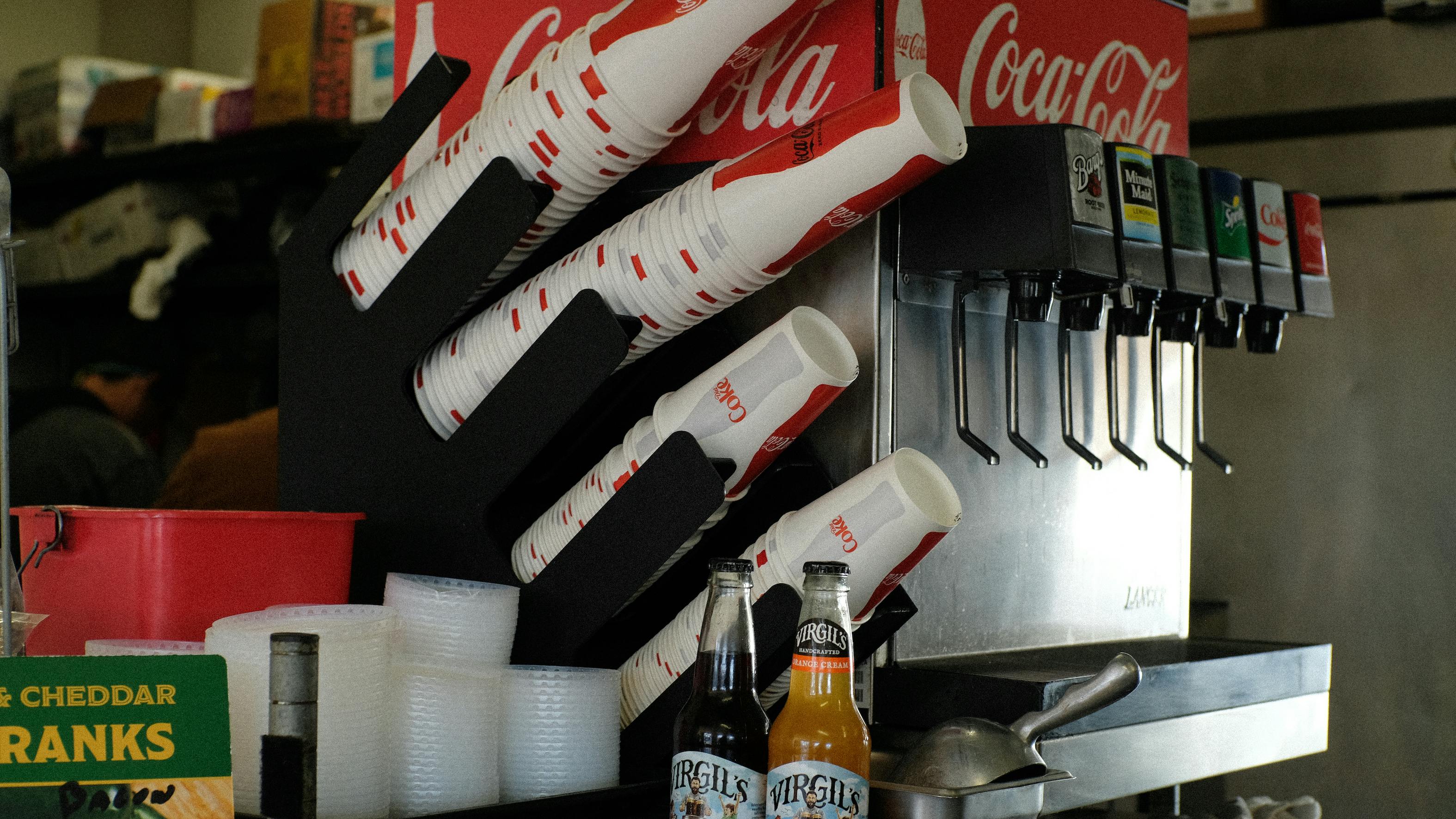 Some drinks & condiments at Mustard's Last Stand.