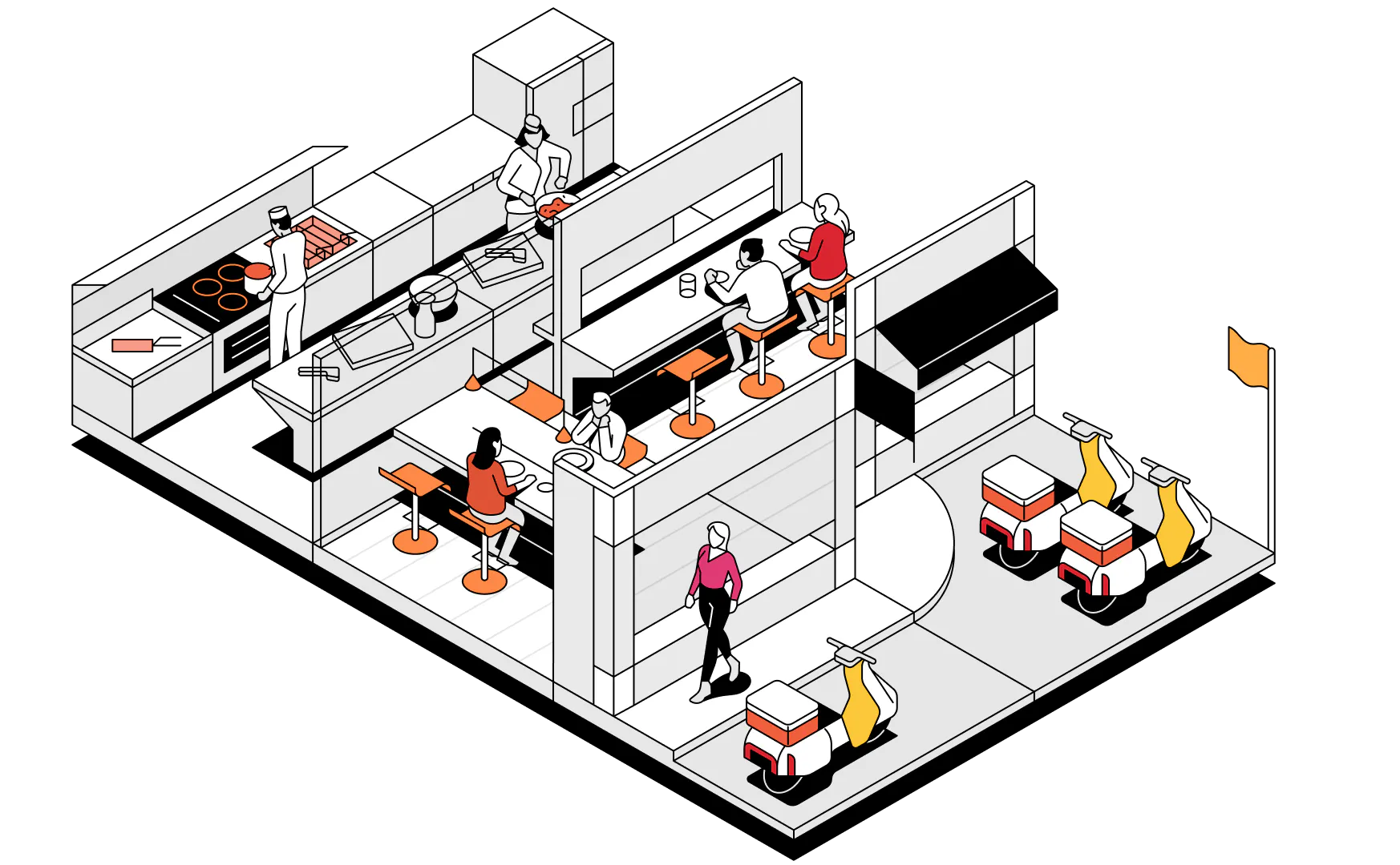 An illustrated restaurant scene featuring Otter. 