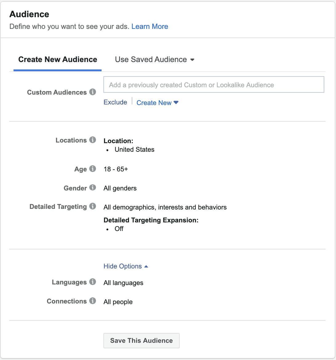 Image of someone creating an audience on Facebook for advertising