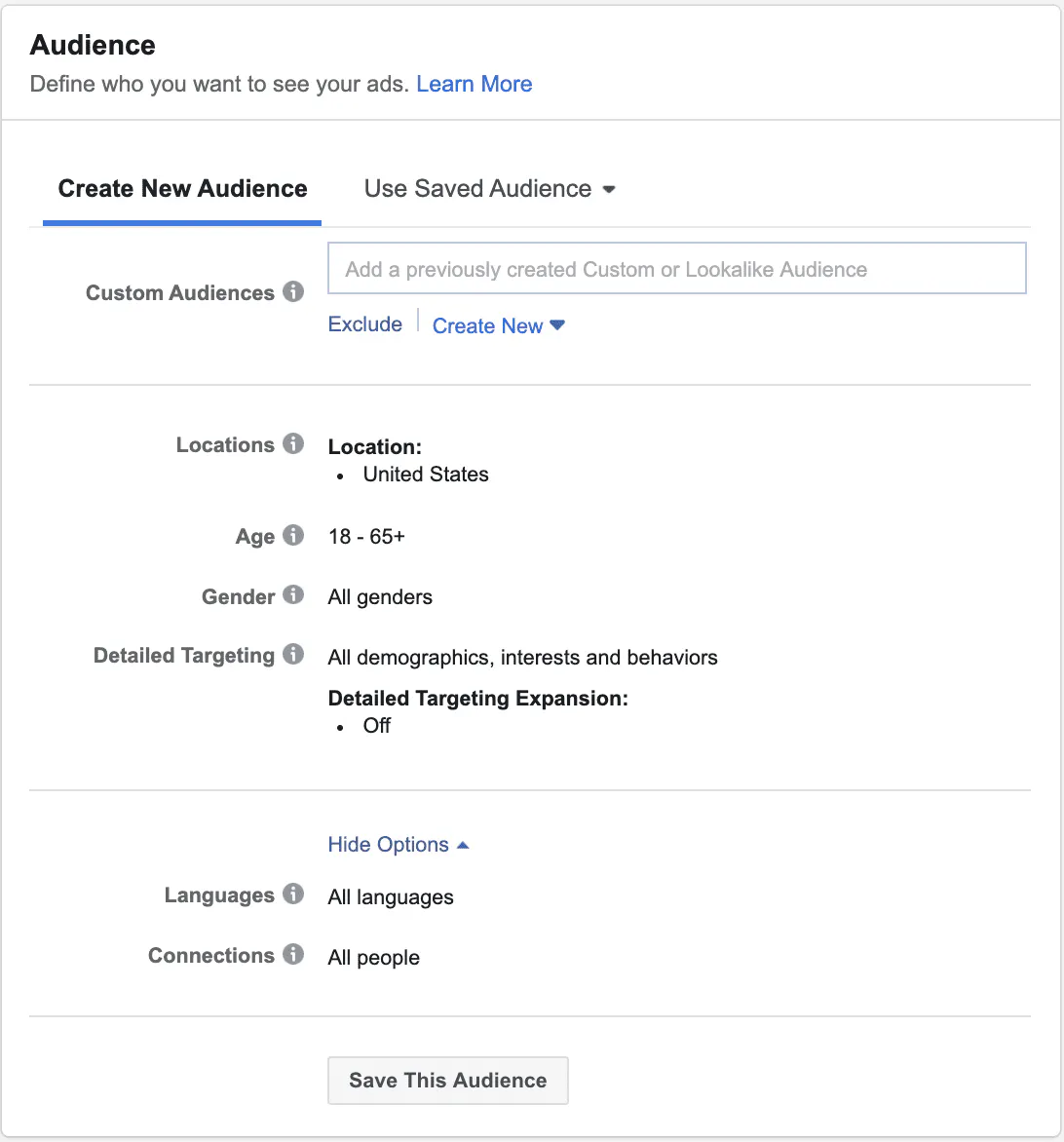 Image of someone creating an audience on Facebook for advertising