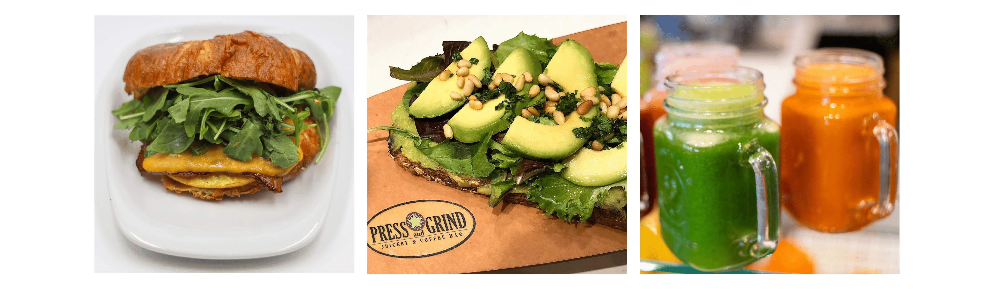 Image of croissant sandwich, avocado toast, and fresh pressed juice from Press & Grind Cafe