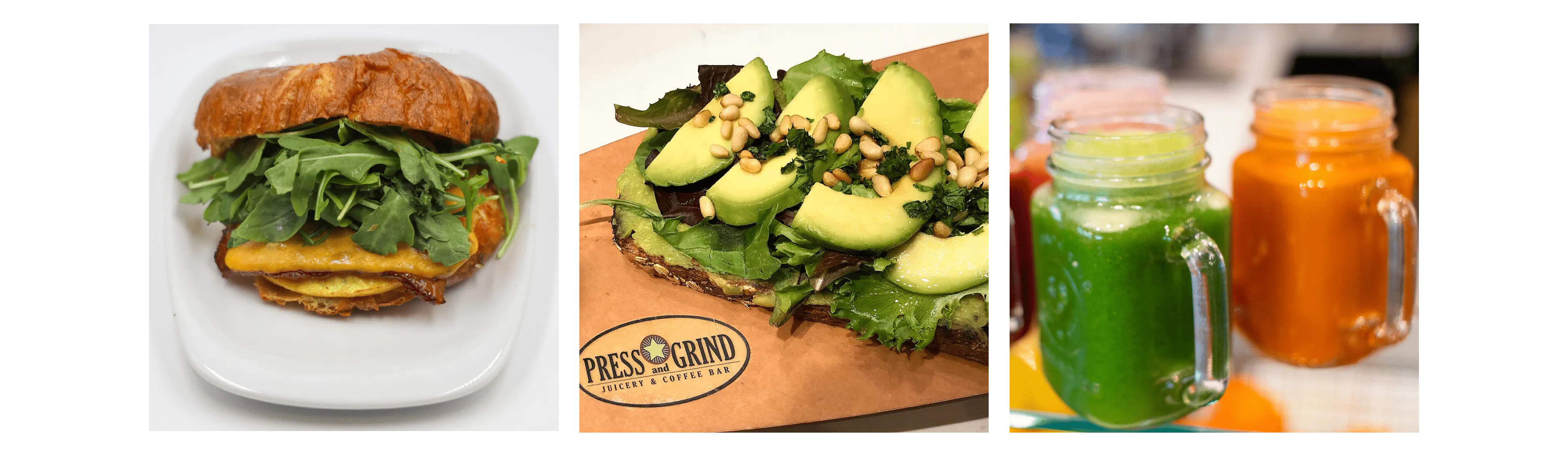 Image of croissant sandwich, avocado toast, and fresh pressed juice from Press & Grind Cafe