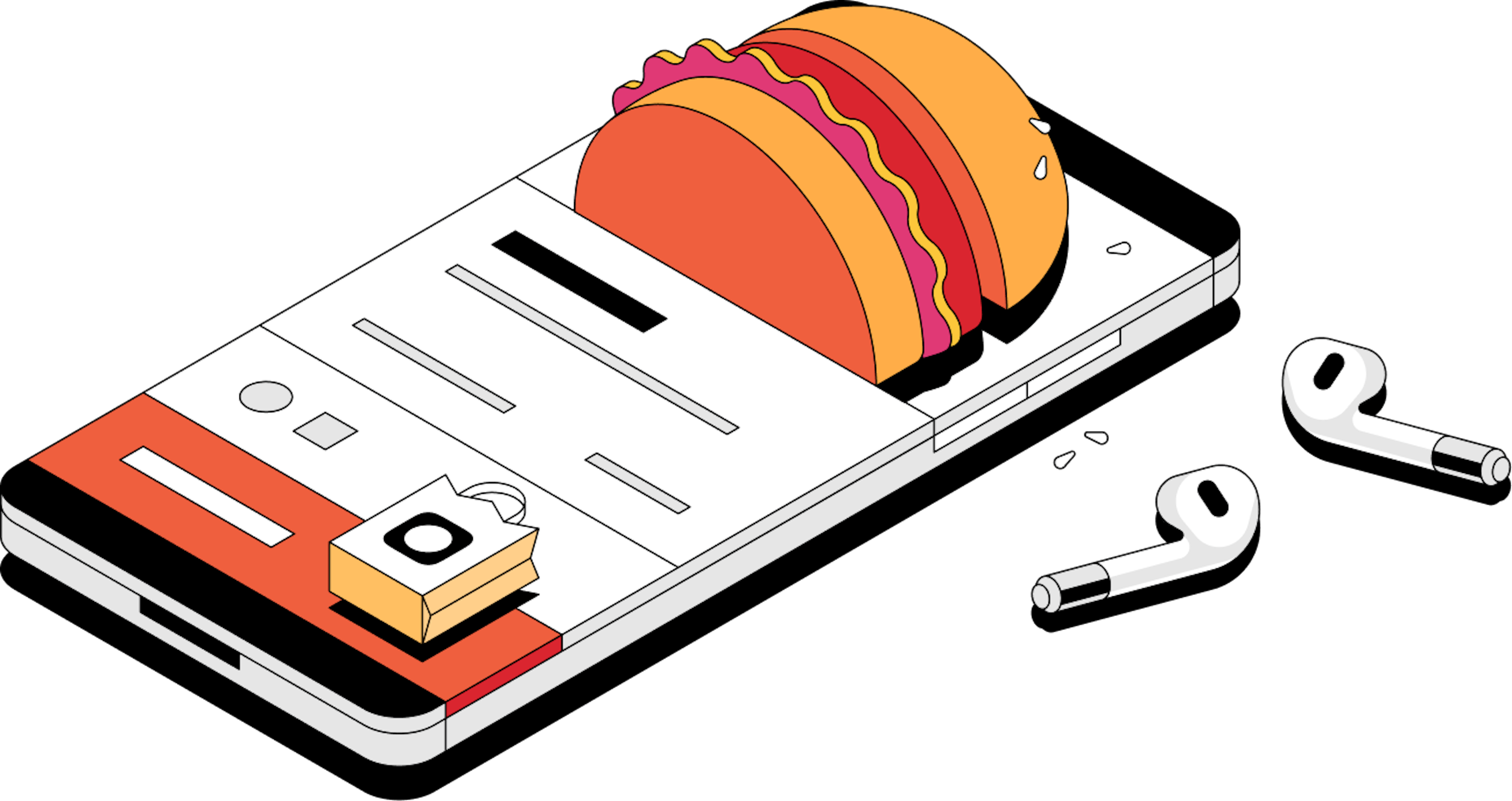 Illustrated image of an iPhone with a burger on the screen to symbolize online food ordering