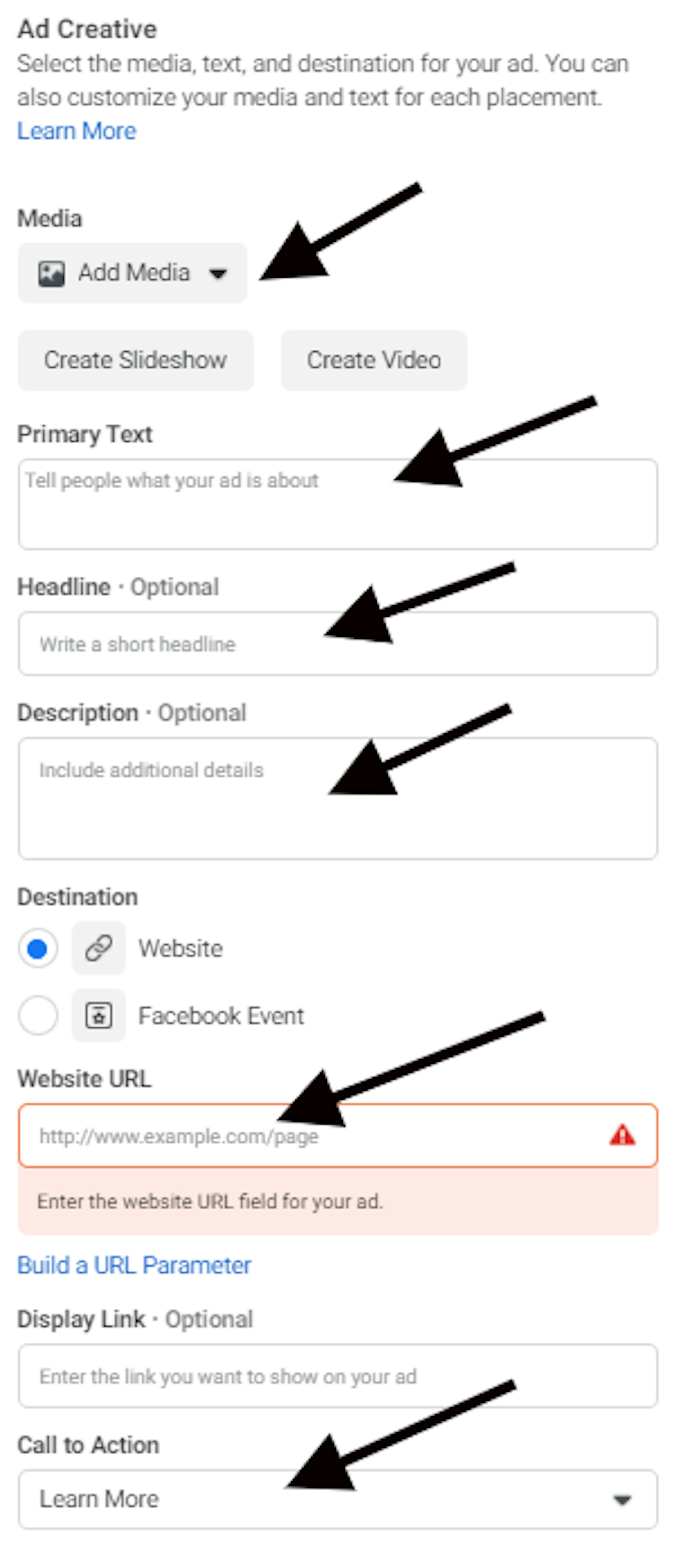 Image showing how you set up your ad creative for Facebook