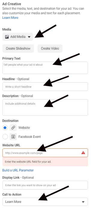 Image showing how you set up your ad creative for Facebook