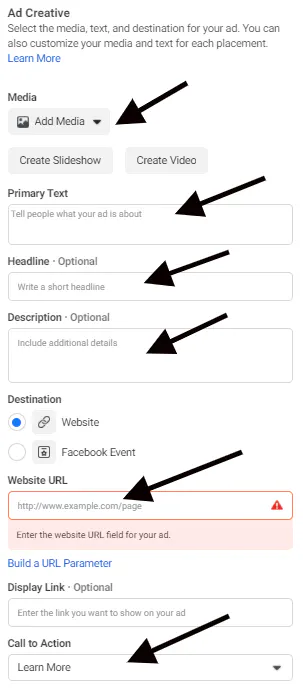 Image showing how you set up your ad creative for Facebook