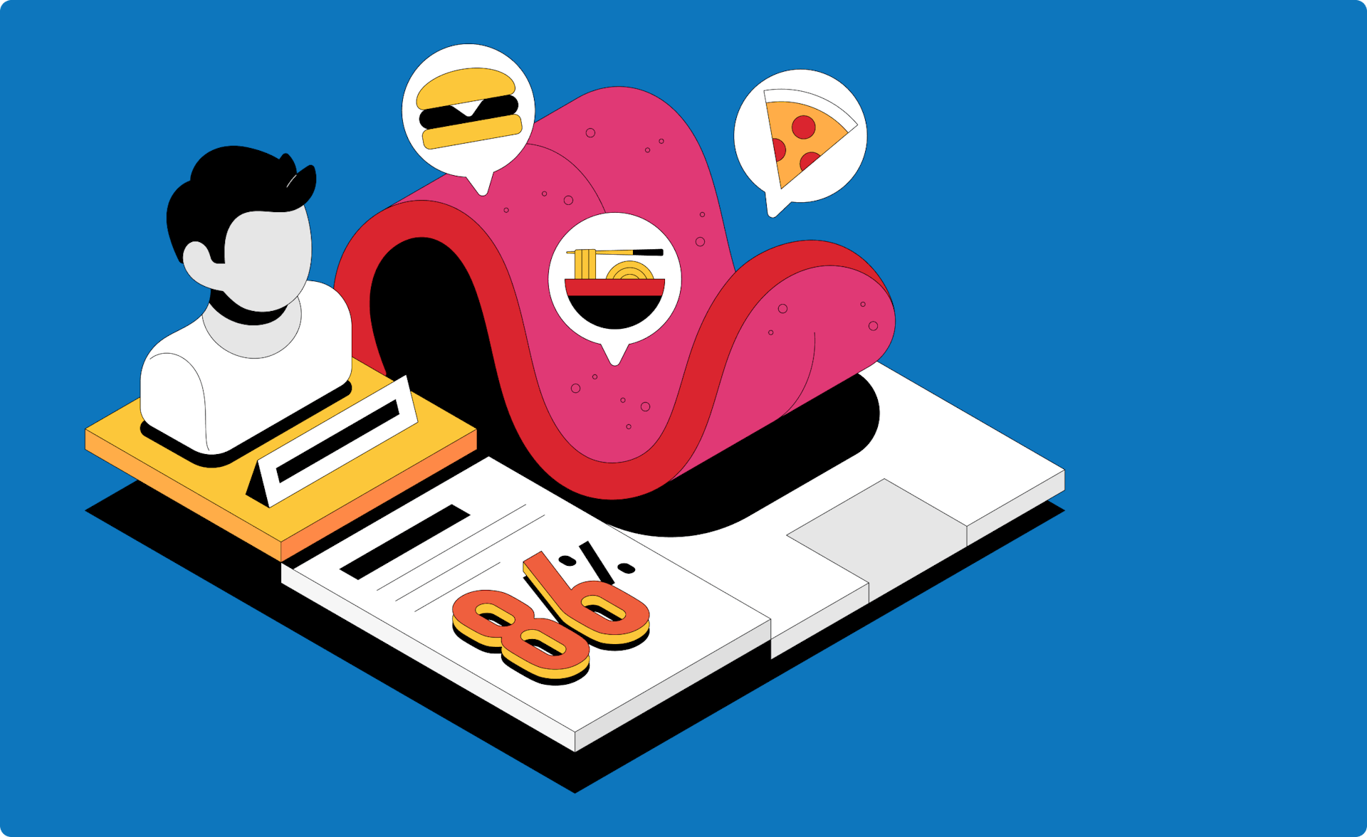 An illustrated image of a tongue with thought bubbles popping off of it one with ramen, one with pizza, one with a burger