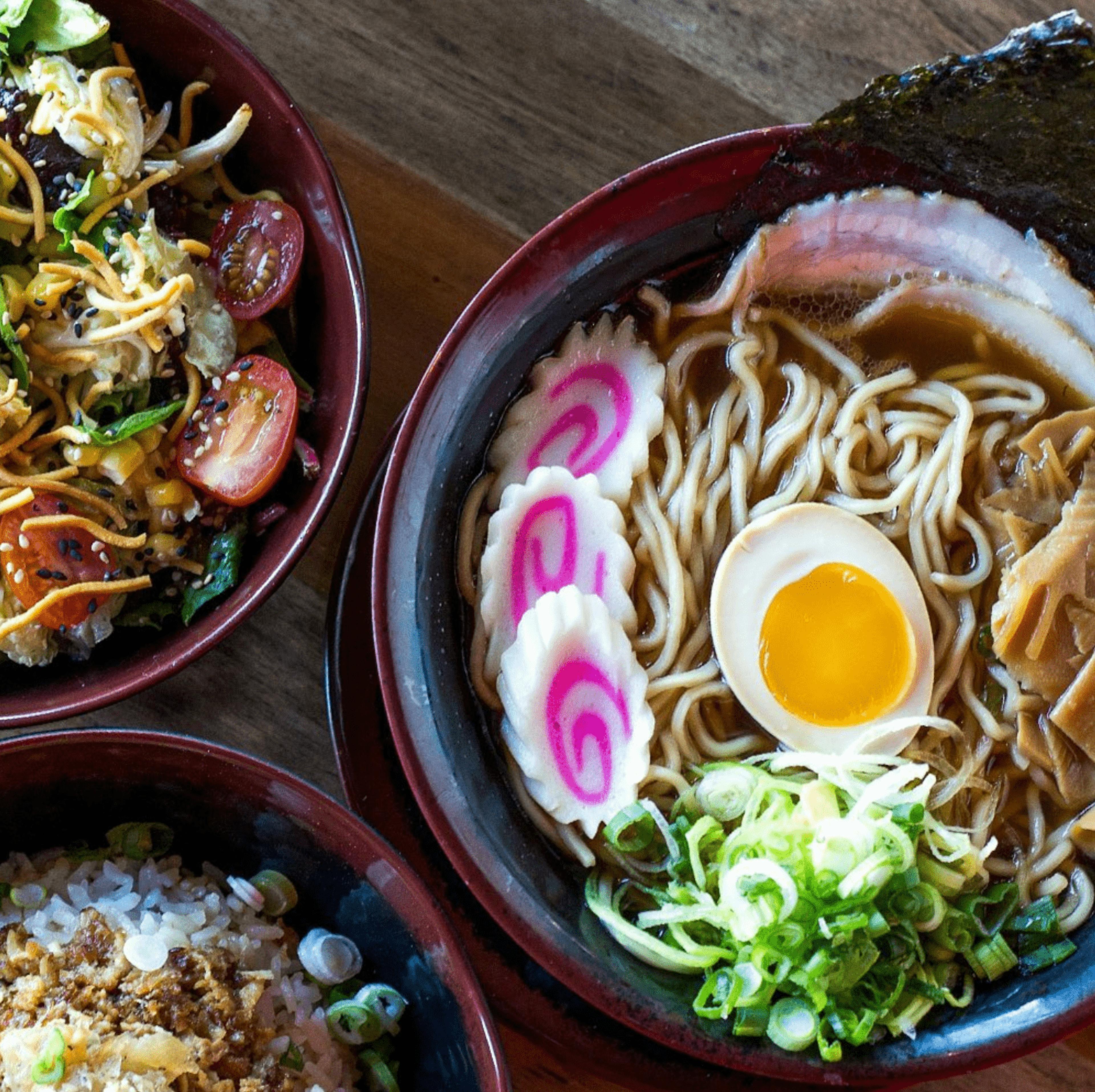 Image of three bowls of ramen from Fukuryu ramen on a table