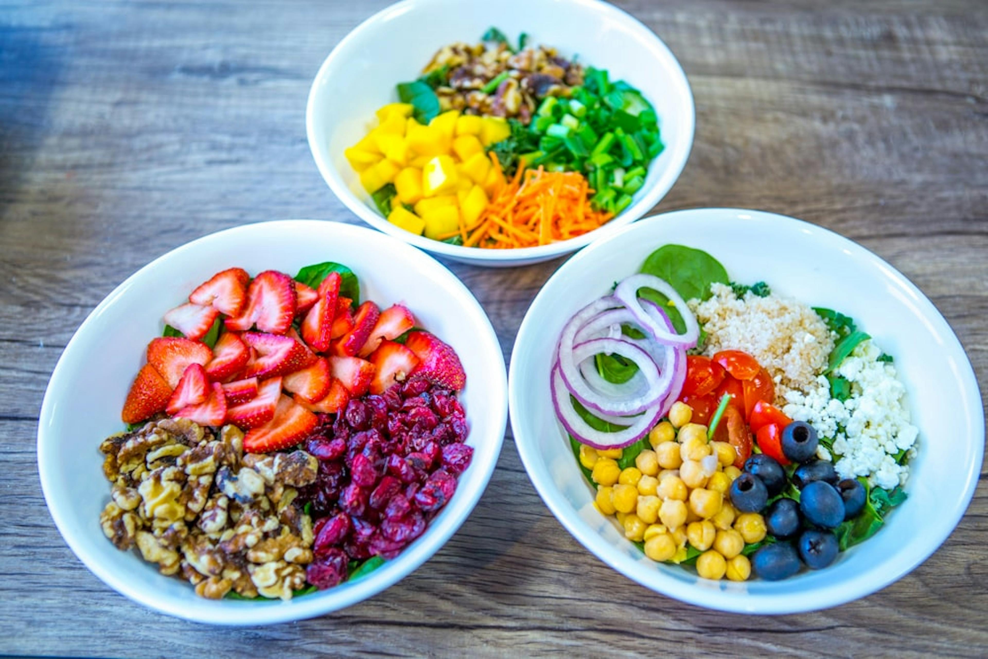 Image of Sweetberry bowls, one with fruit, two with vegetables