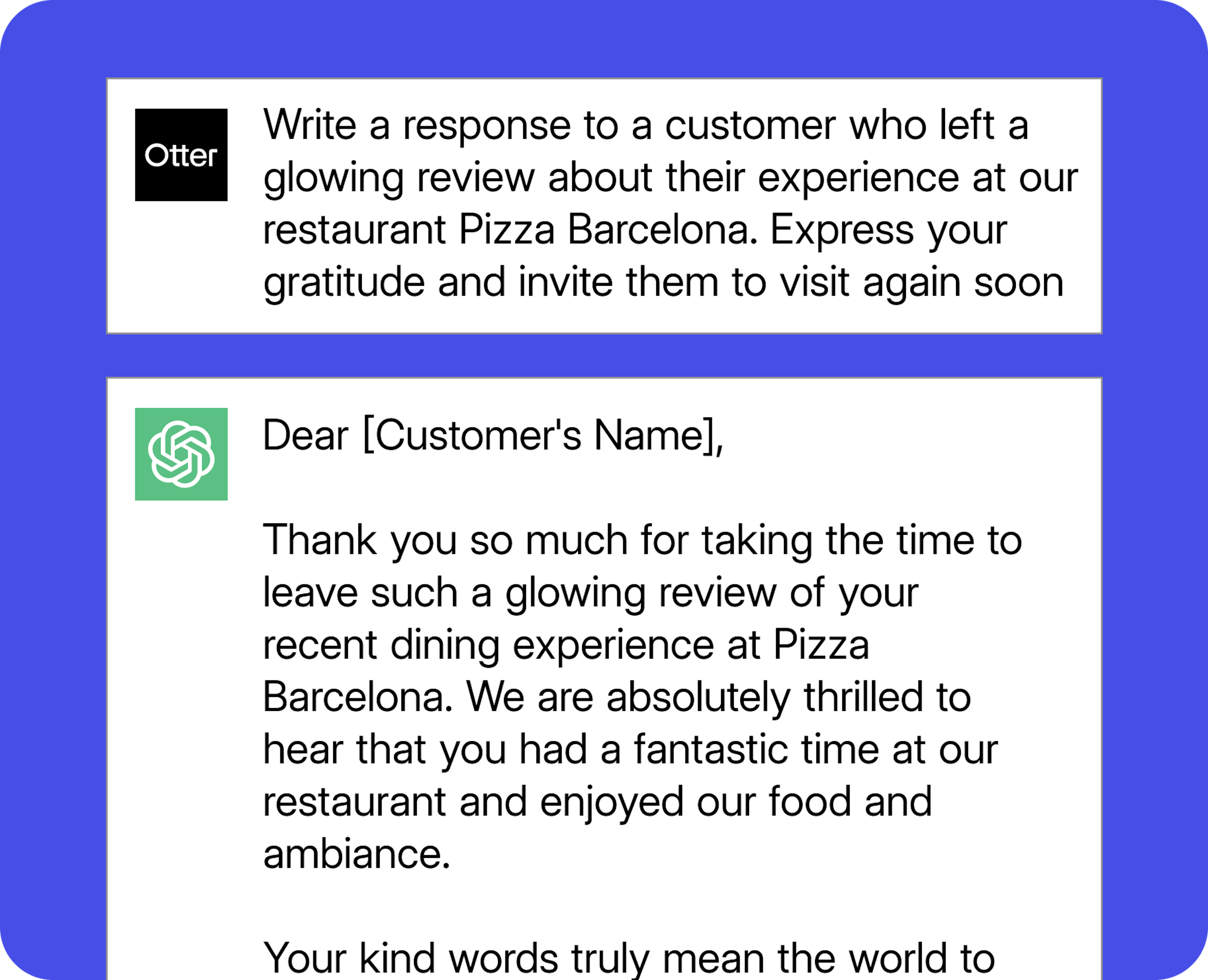 An example ChatGPT prompt for restaurant-focused customer review responses.