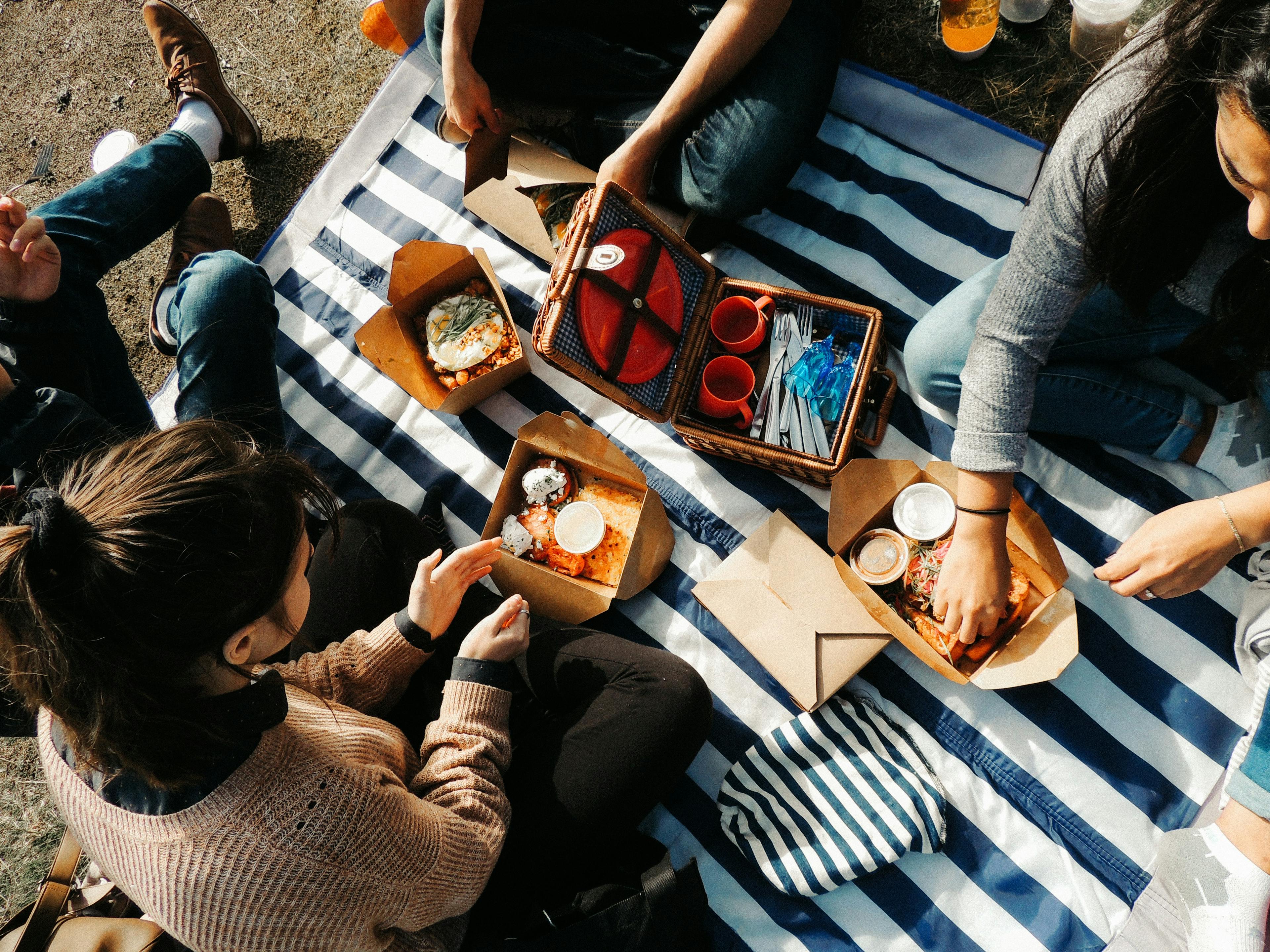 Image of a group of friends enjoying food delivery at a picnic outdoors