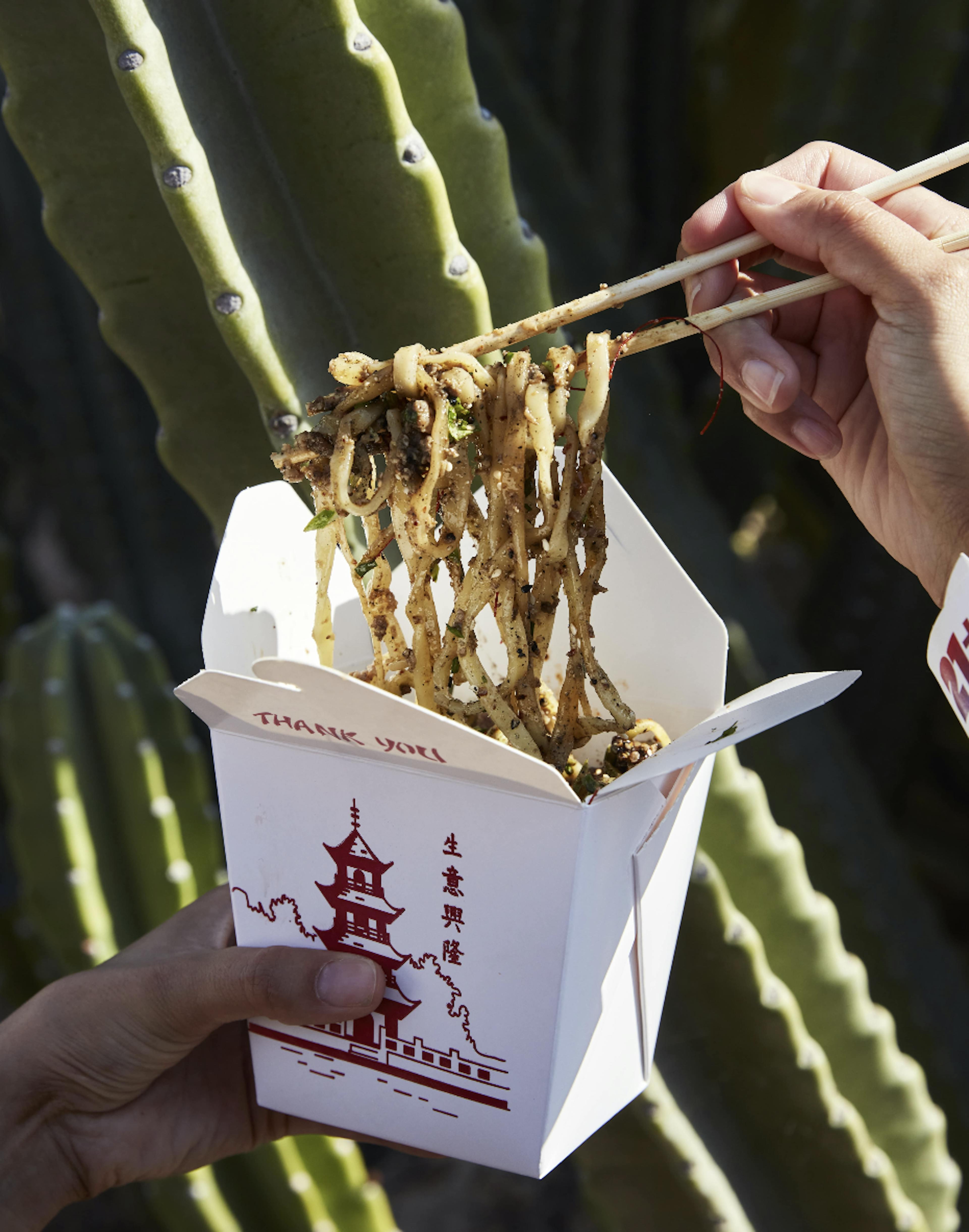 Image of noodles in an Asian takeout container