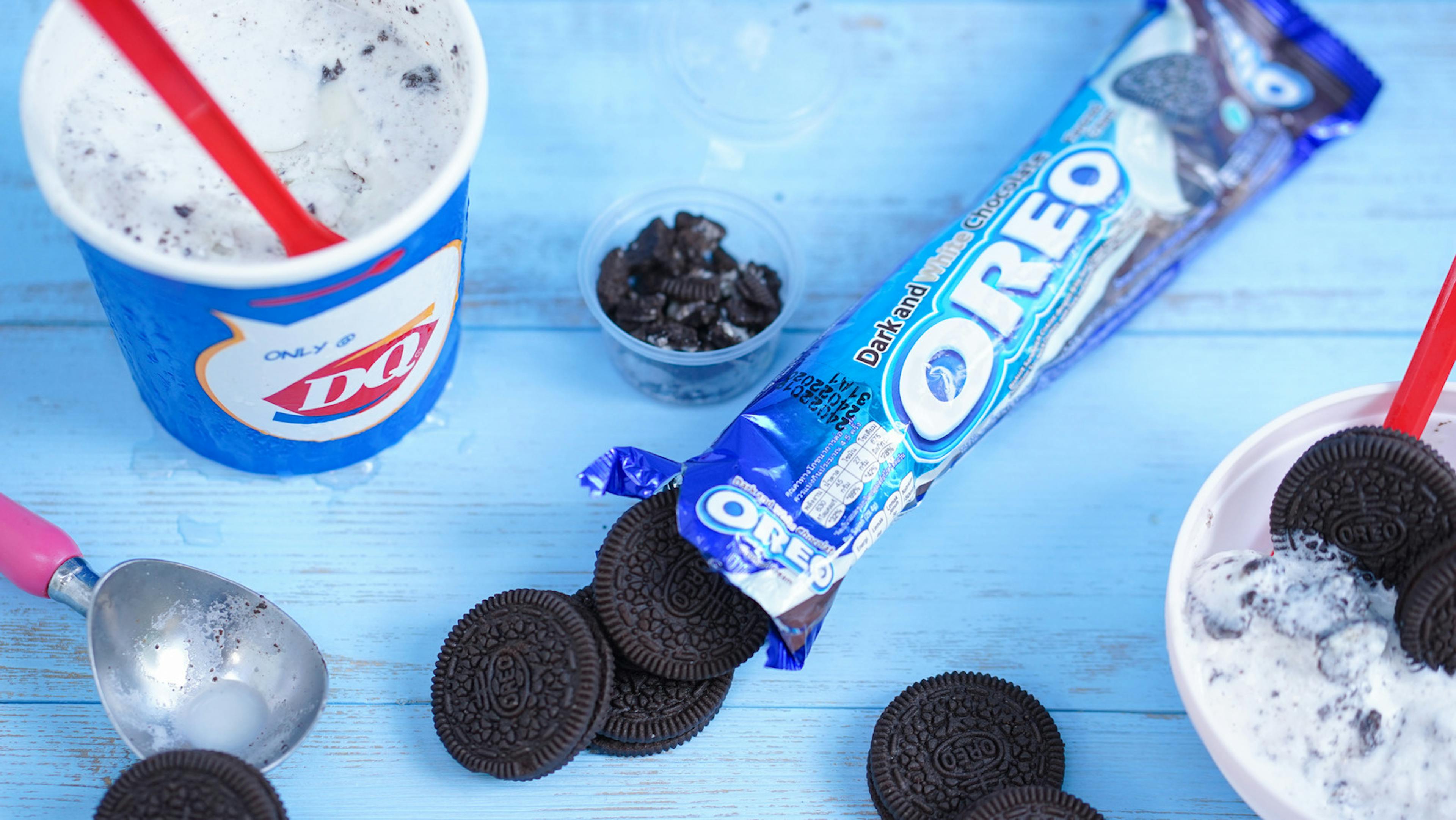 Image of pack of Oreos next to a DQ Oreo Blizzard