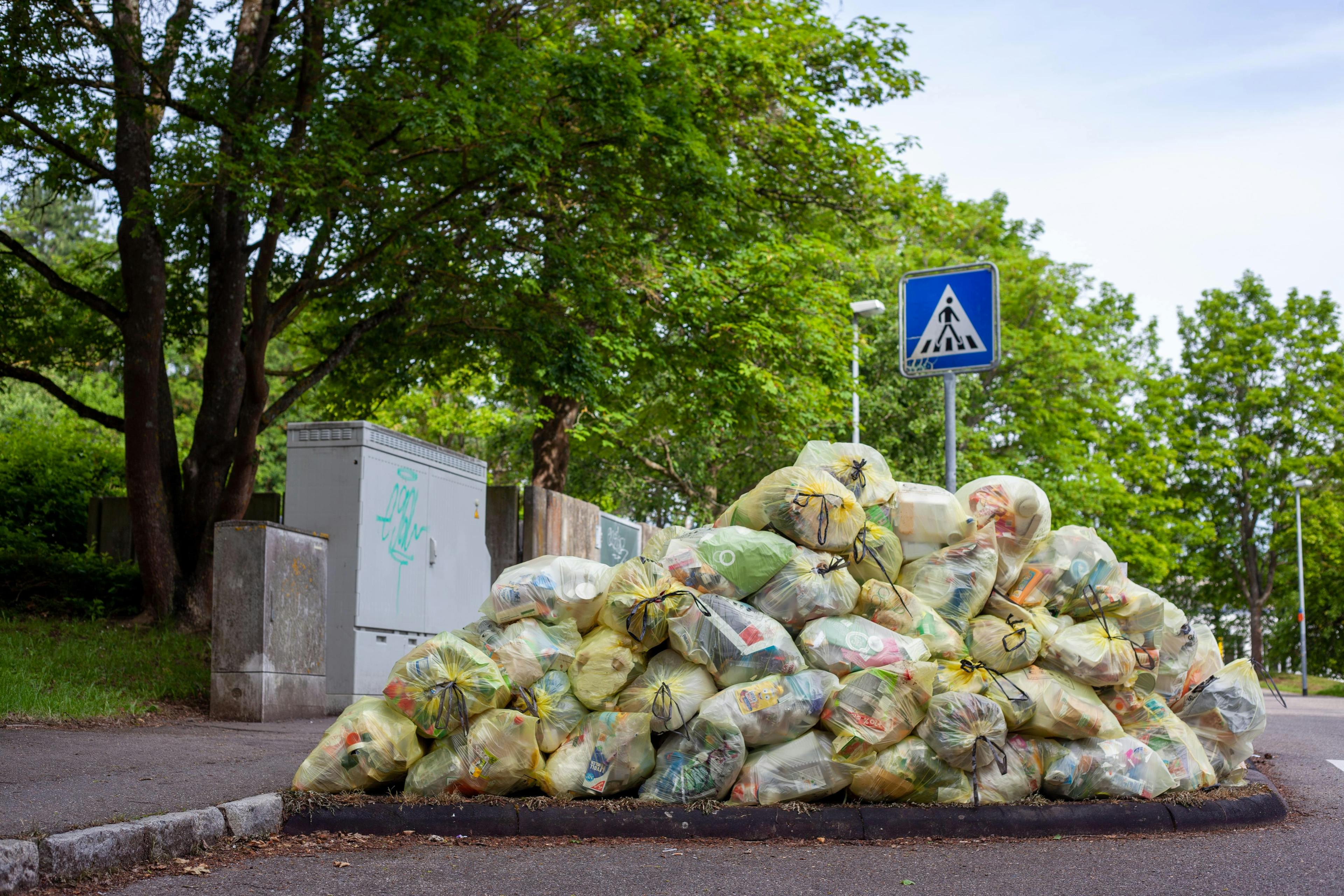 Images of bags on top of bags of food waste in a street