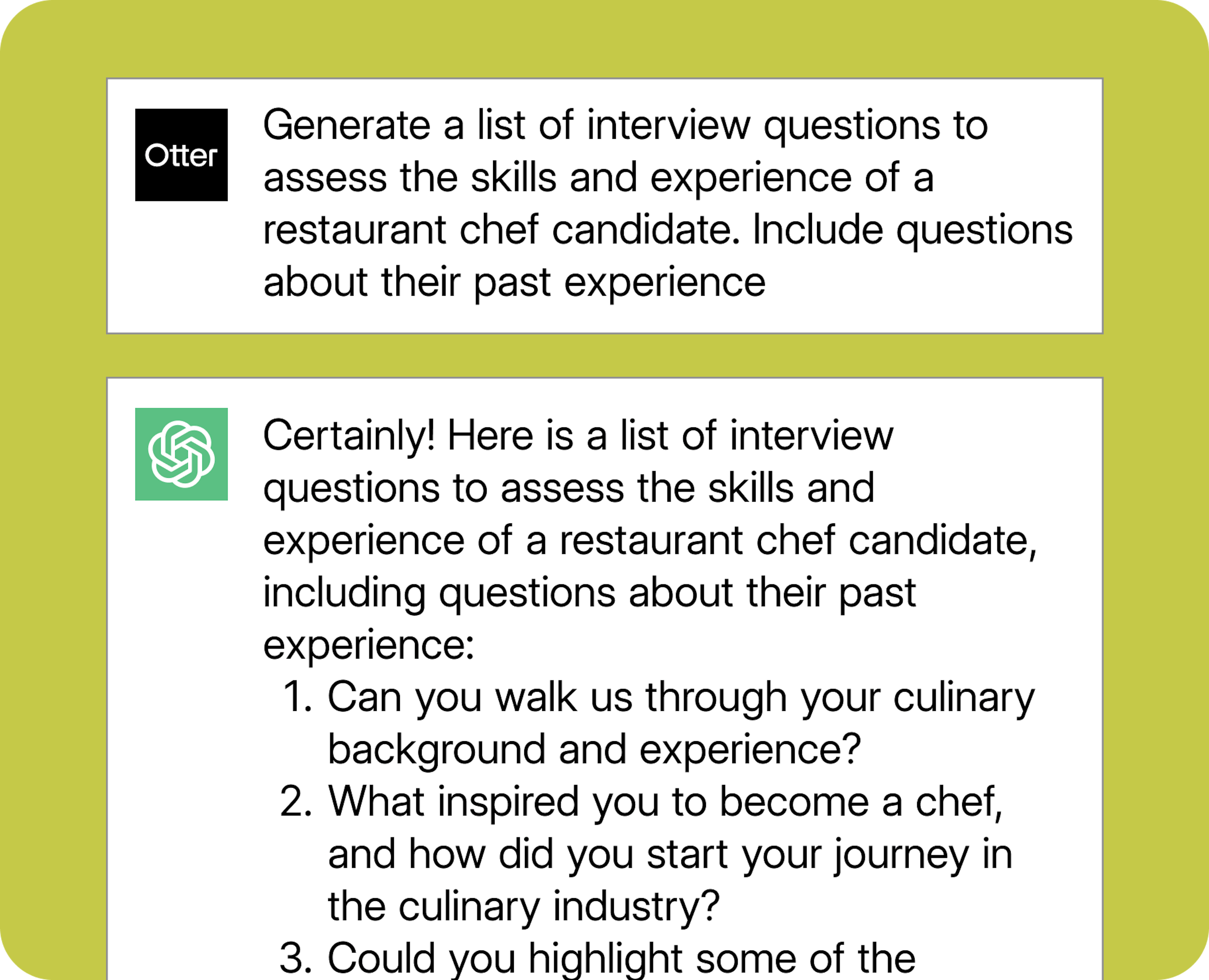 An example ChatGPT prompt for restaurant-focused interview questions. 