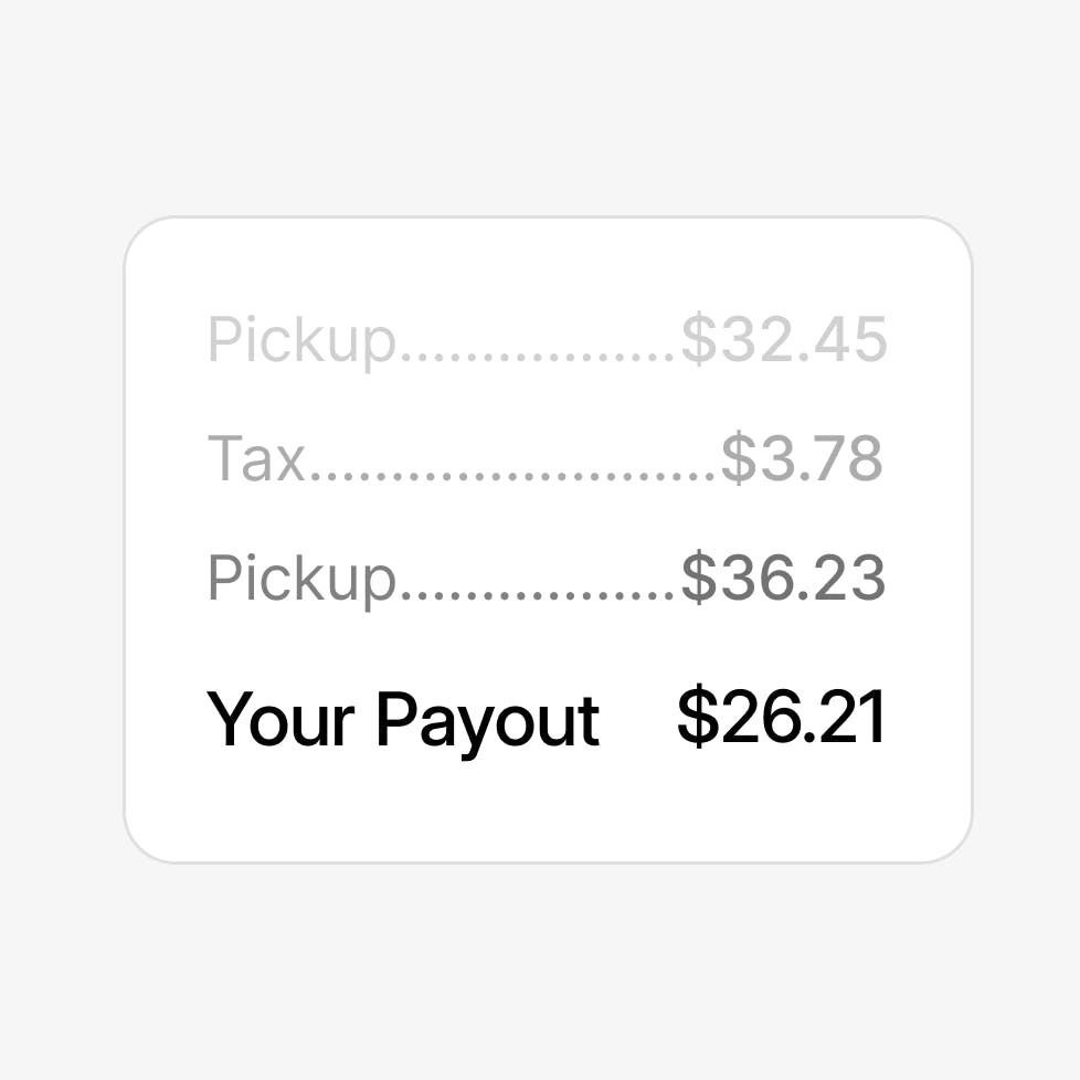 Example of a payout screen showing dollar amounts for Pickup, Tax, and Your Payout