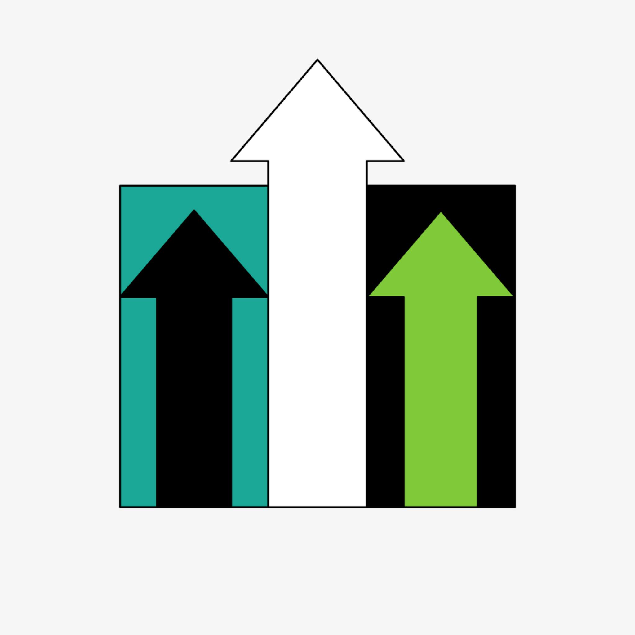 Illustration of three arrows pointing upwards in colors of black white and green.