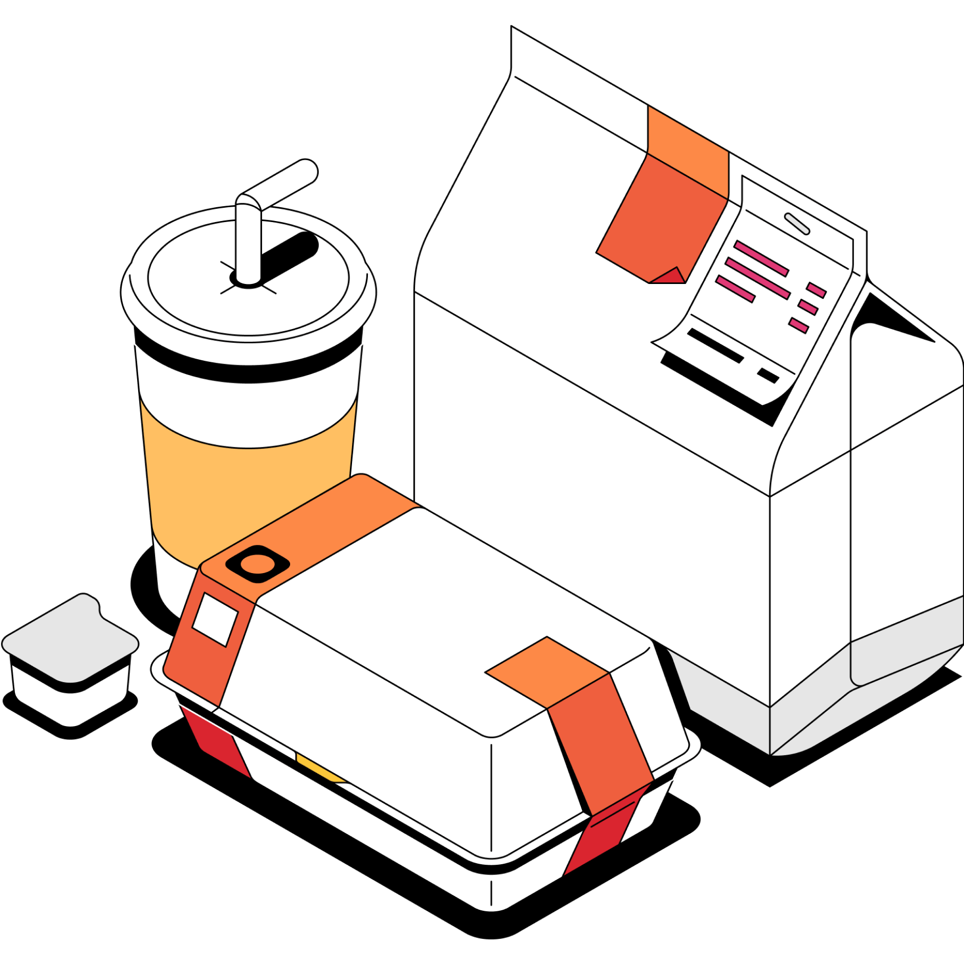 illustration of a take out bag, take out box, soft drink cup, and condiment package