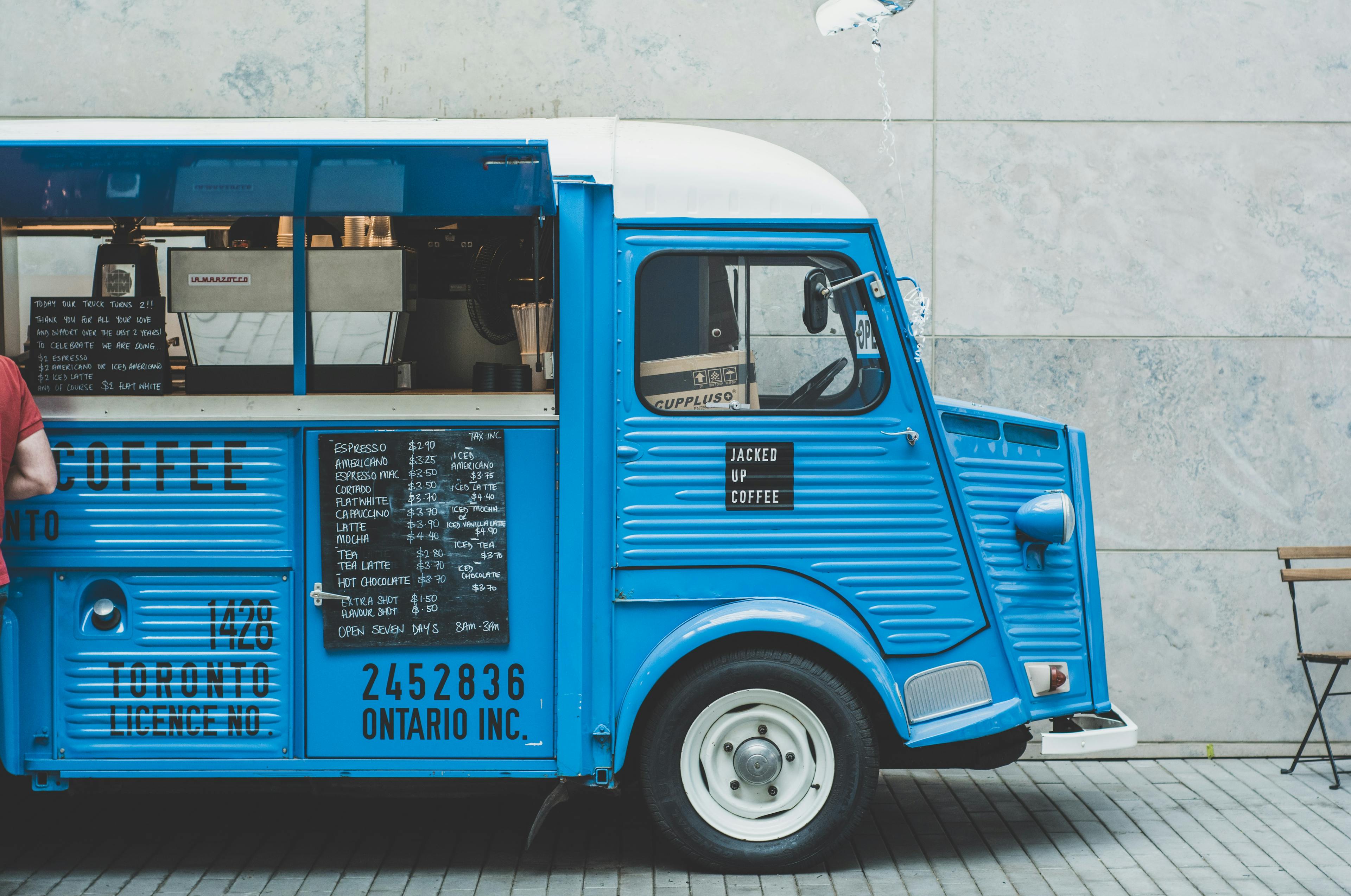 Image of a blue coffee truck