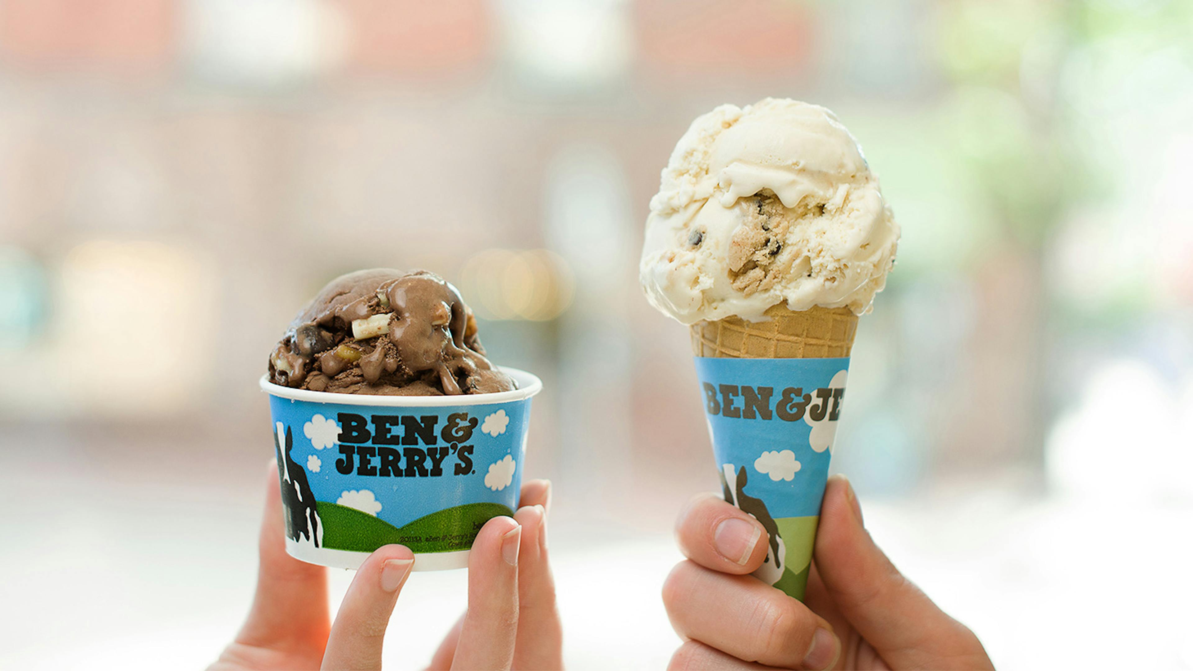 Image of a cup and a cone of Ben & Jerry's ice cream