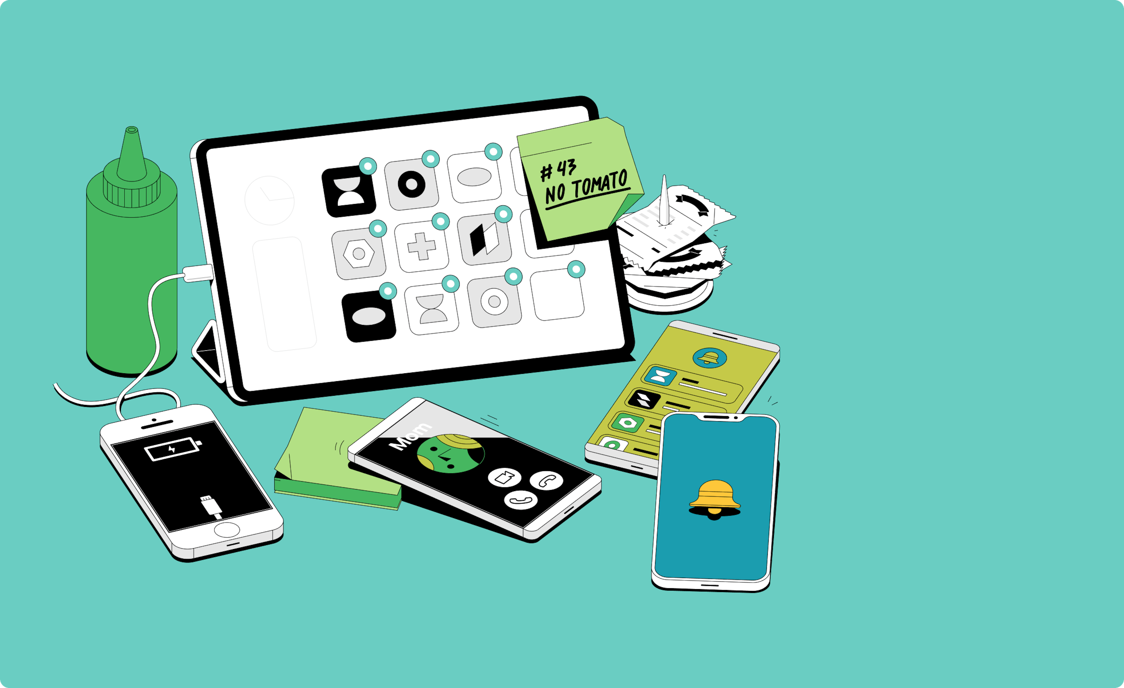 Illustration of a chaotic food delivery tablet