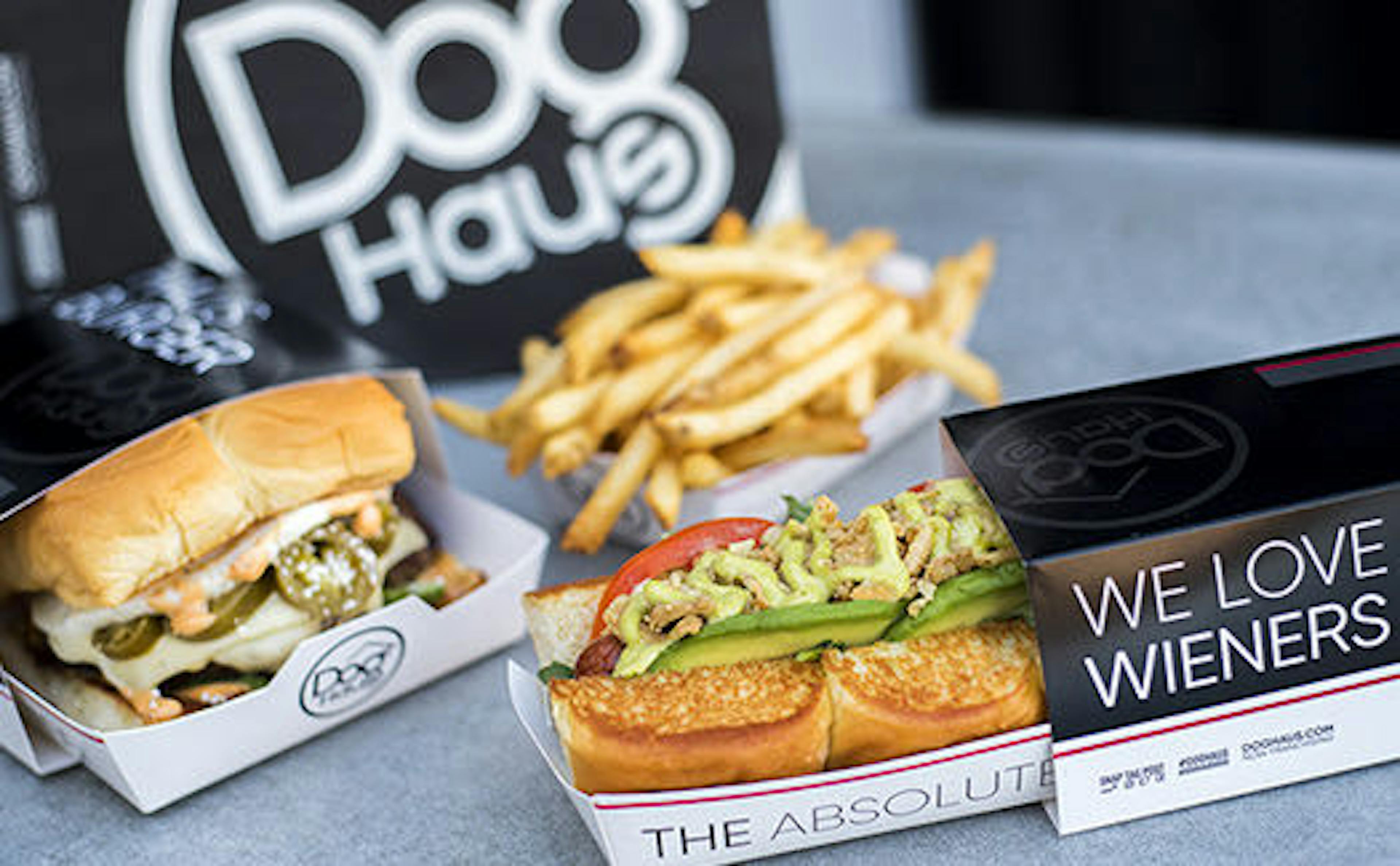 Image of a Dog Haus burger, dog and fries