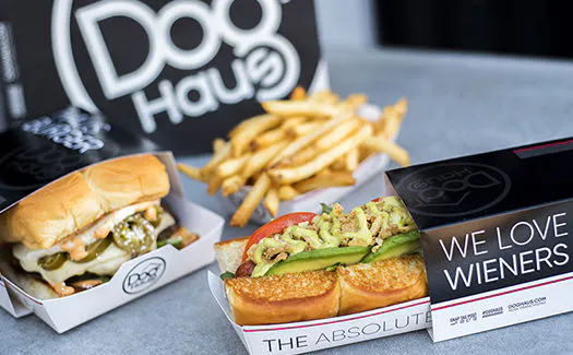 Image of a Dog Haus burger, dog and fries