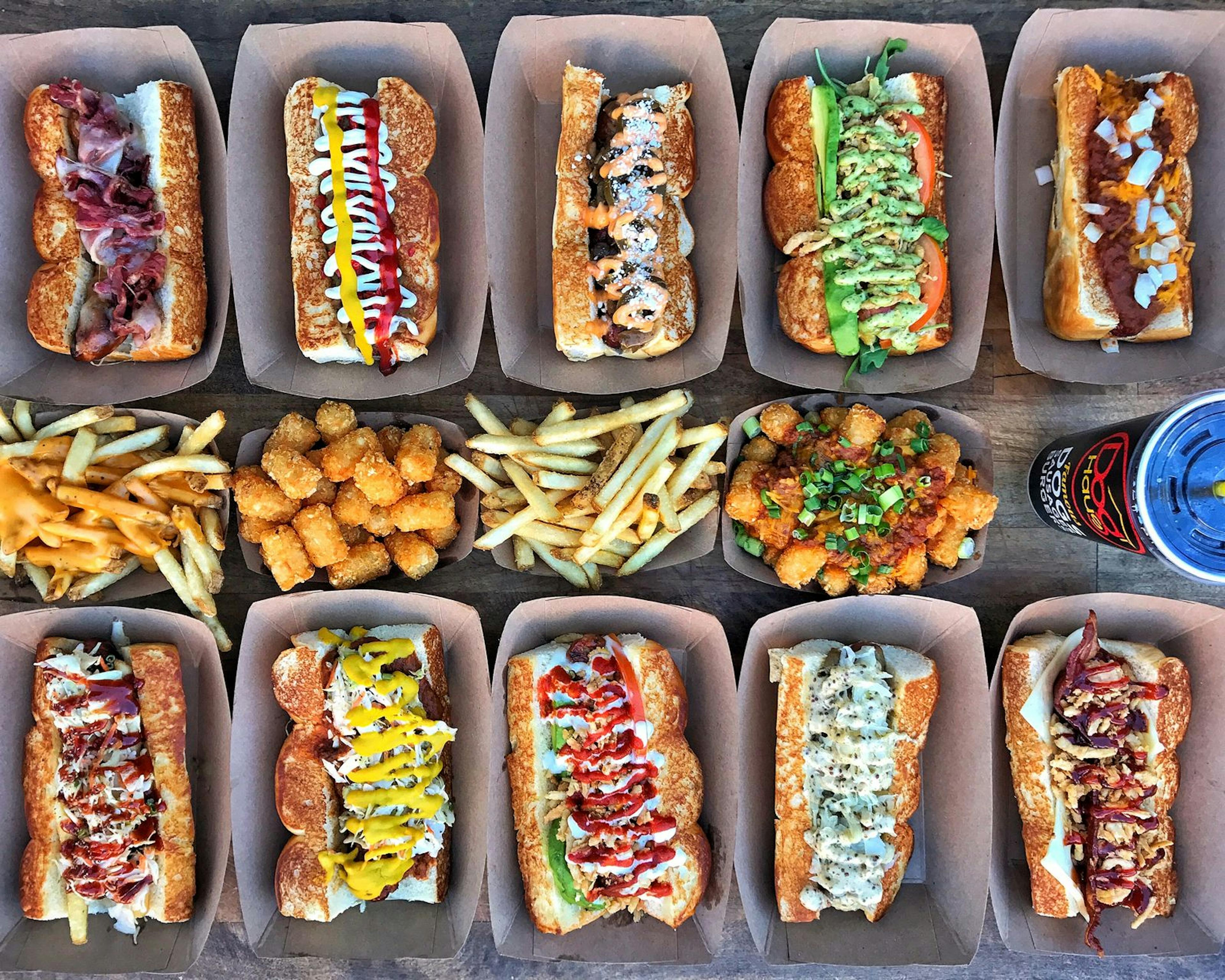 Image of 10 assorted Dog Haus hot dogs with french fries and tater tots in the middle
