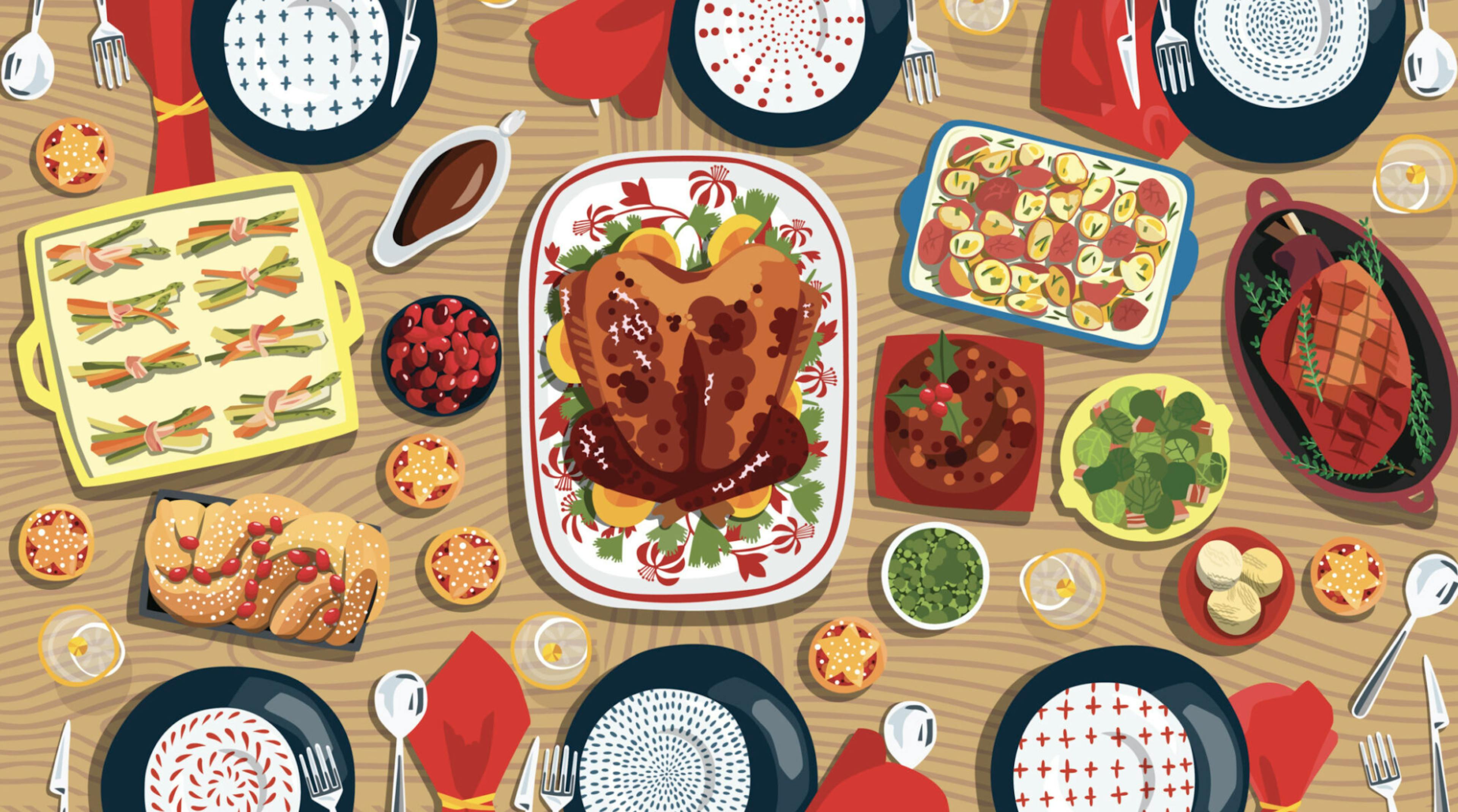 Illustration of a traditional American holiday Tablescape with turkey, ham, asparagus, potatoes and more