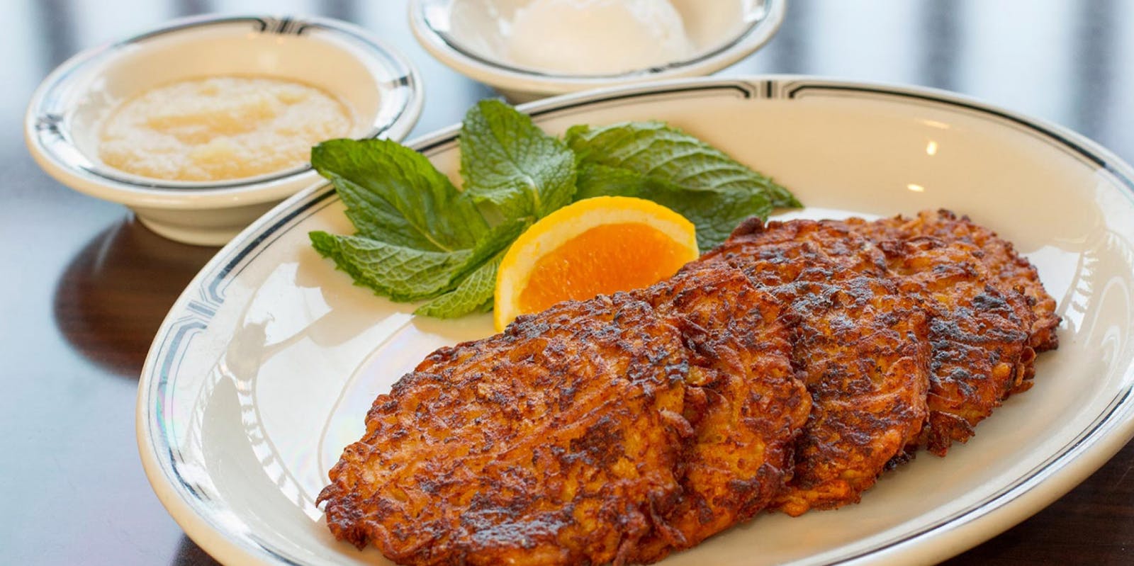 Image of a plate of Latkes, traditional Jewish-American holiday food